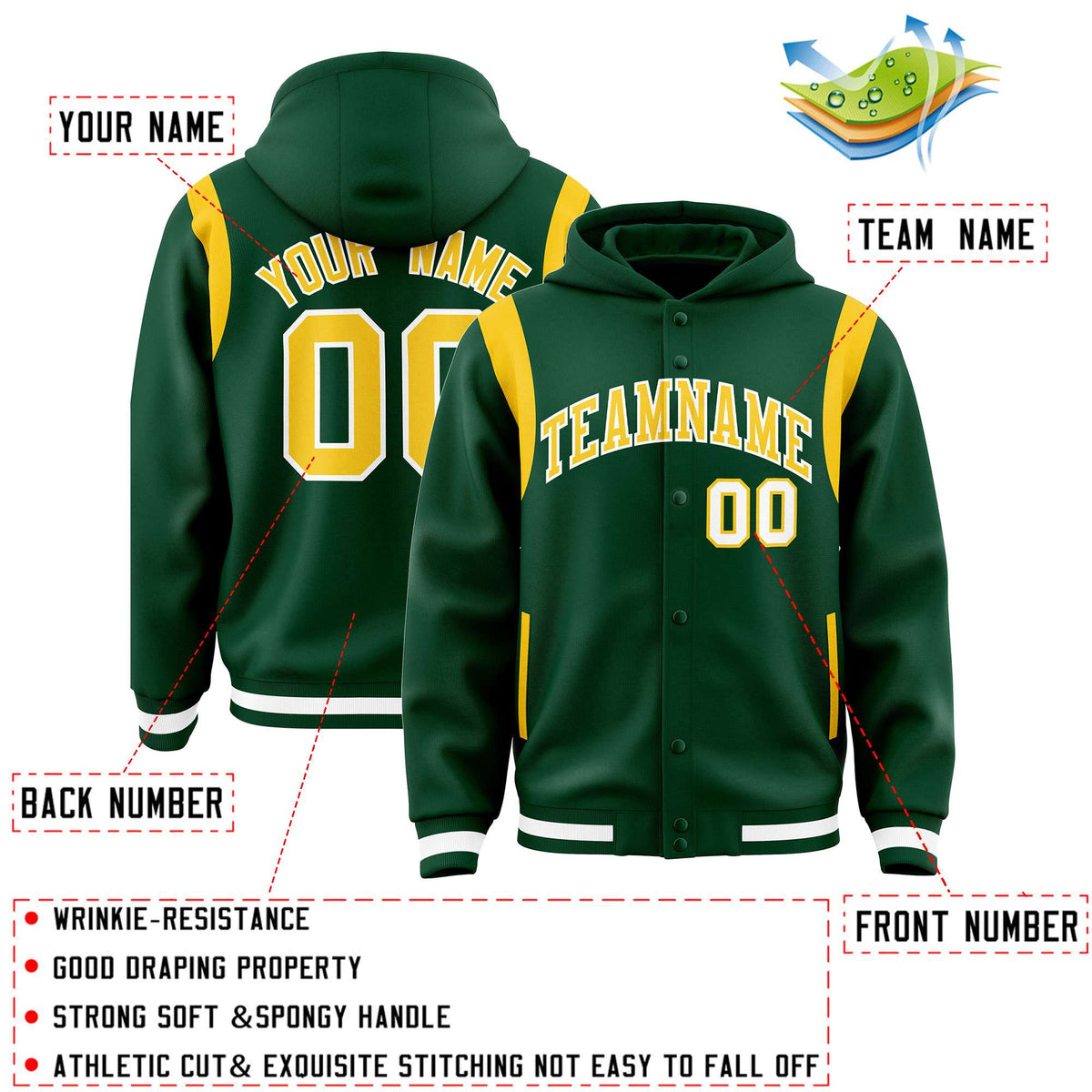 Custom Green Gold Varsity Full-Snap Letterman Shoulder Color Block Jacket Hoodie| KXKSHOP