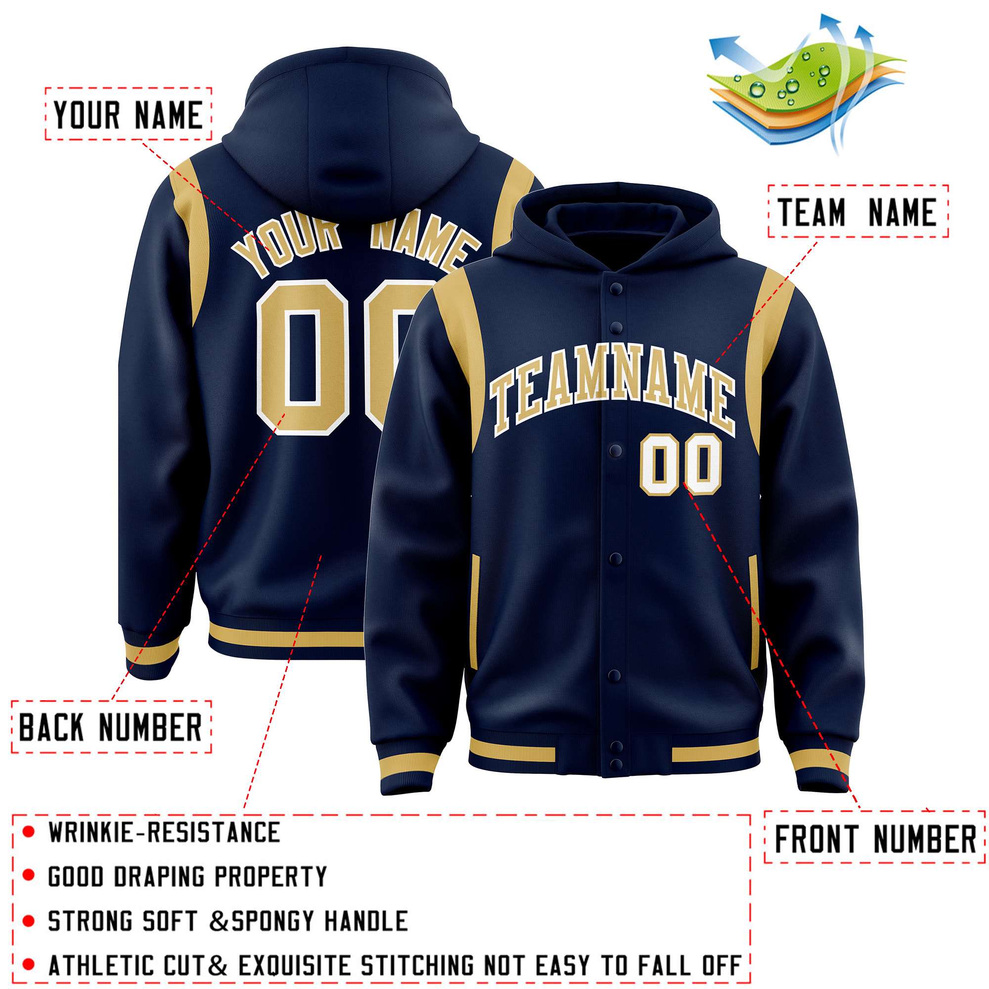 Custom Navy Old Gold Varsity Full-Snap Letterman Shoulder Color Block Jacket Hoodie| KXKSHOP
