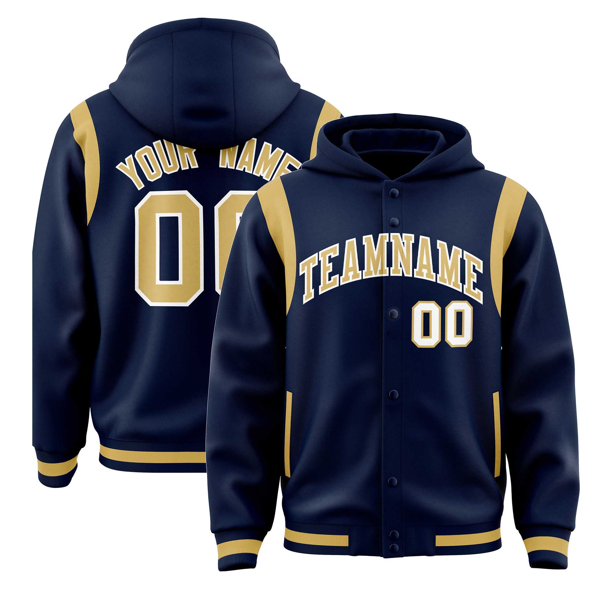 Custom Navy Old Gold Varsity Full-Snap Letterman Shoulder Color Block Jacket Hoodie| KXKSHOP
