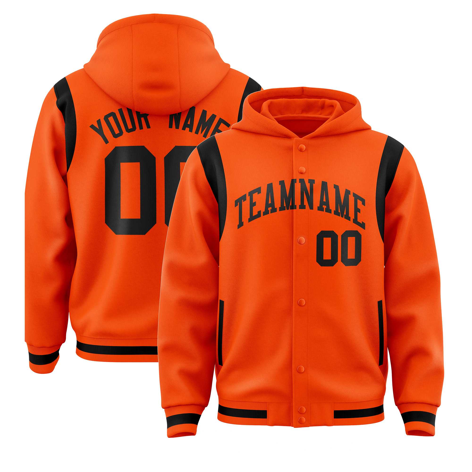 Custom Orange Black Varsity Full-Snap Letterman Shoulder Color Block Jacket Hoodie| KXKSHOP