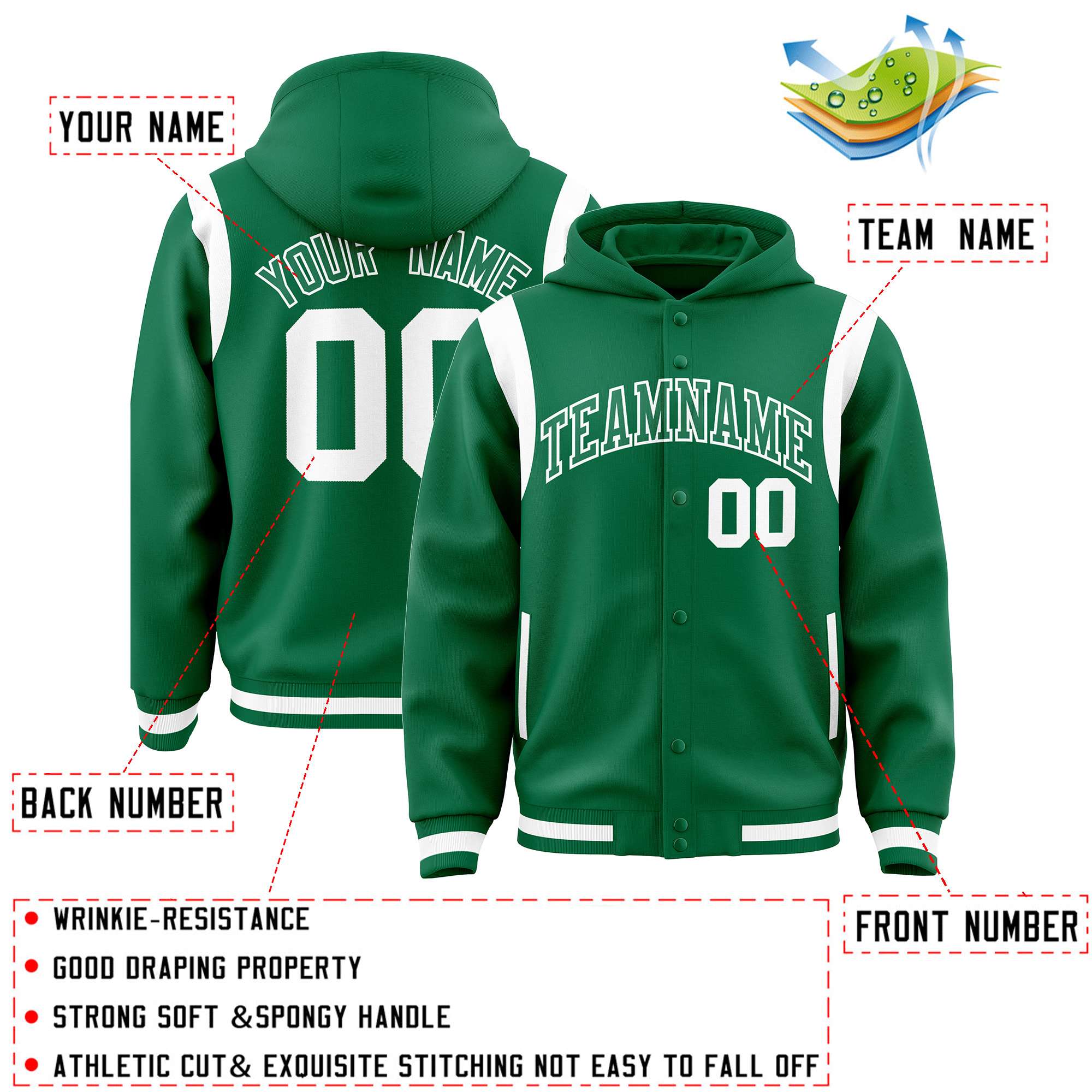 Custom Kelly Green Kelly Green Varsity Full-Snap Letterman Shoulder Color Block Jacket Hoodie| KXKSHOP