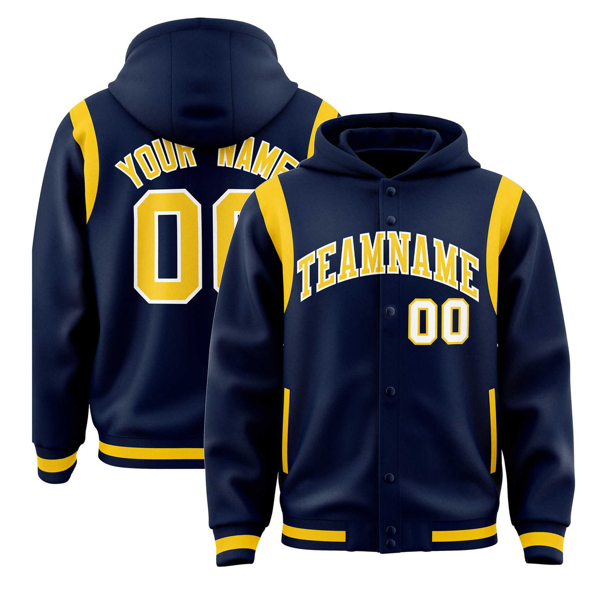 Custom Navy Gold Varsity Full-Snap Letterman Shoulder Color Block Jacket Hoodie| KXKSHOP