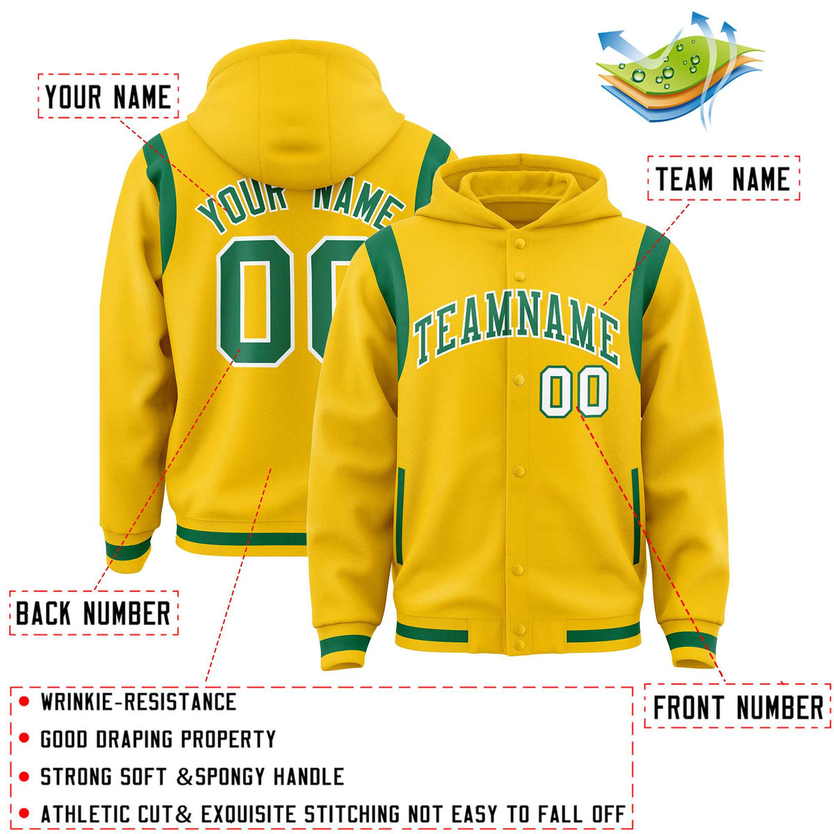 Custom Gold Kelly Green Varsity Full-Snap Letterman Shoulder Color Block Jacket Hoodie| KXKSHOP