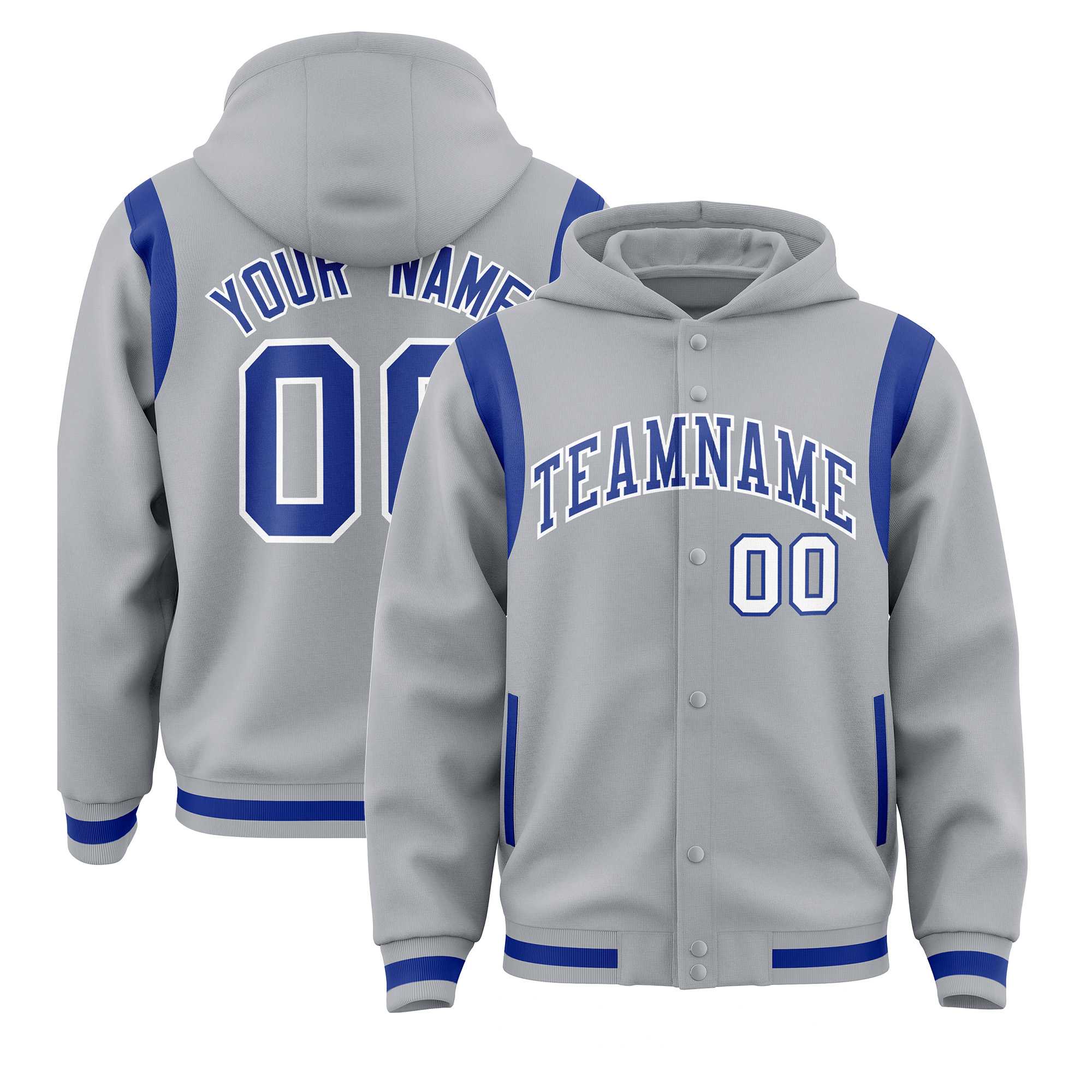 Custom Silver Royal Varsity Full-Snap Letterman Shoulder Color Block Jacket Hoodie| KXKSHOP