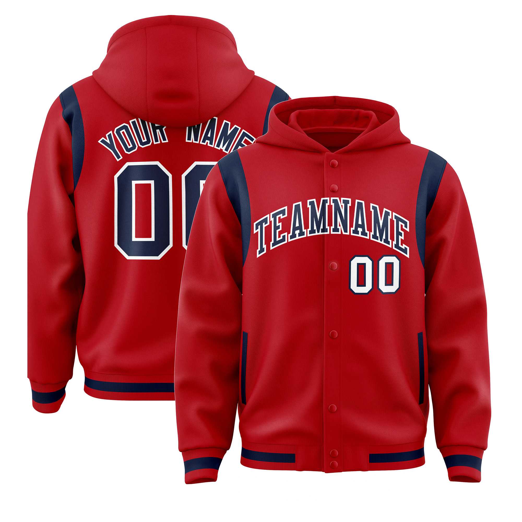 Custom Red Navy Varsity Full-Snap Letterman Shoulder Color Block Jacket Hoodie| KXKSHOP