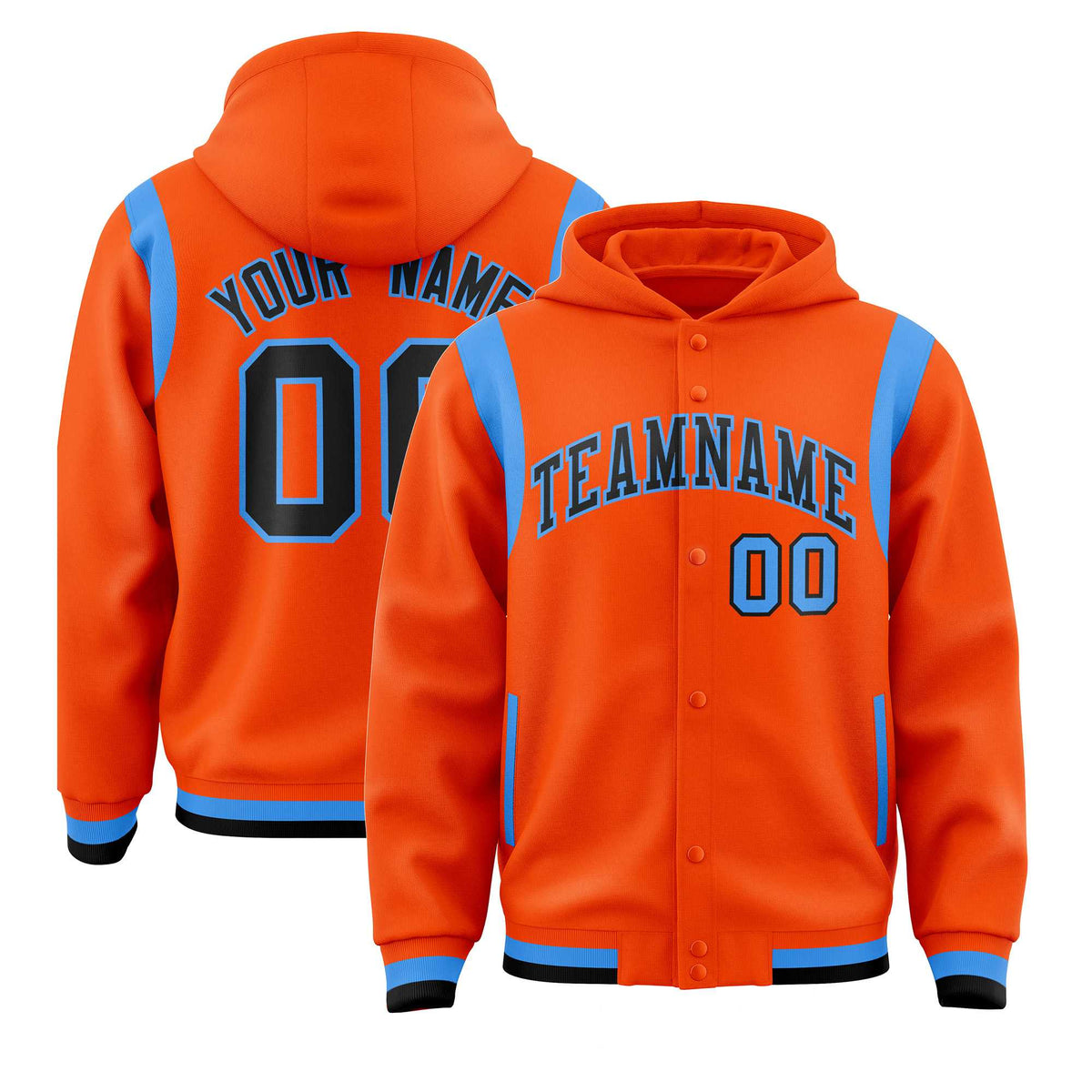 Custom Orange Black Varsity Full-Snap Letterman Shoulder Color Block Jacket Hoodie| KXKSHOP