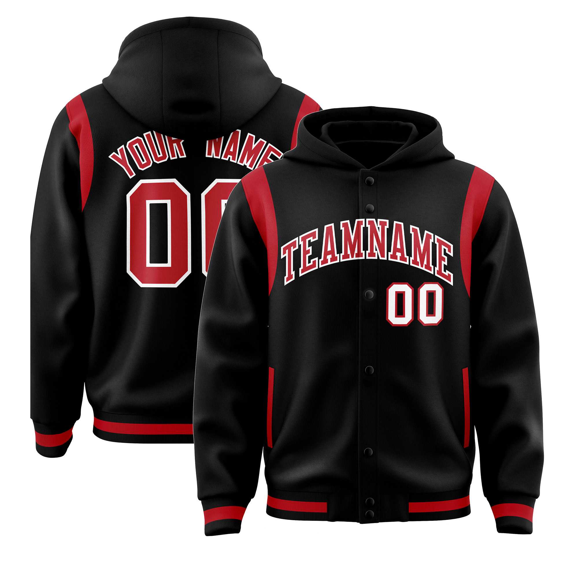 Custom Black Red Varsity Full-Snap Letterman Shoulder Color Block Jacket Hoodie| KXKSHOP