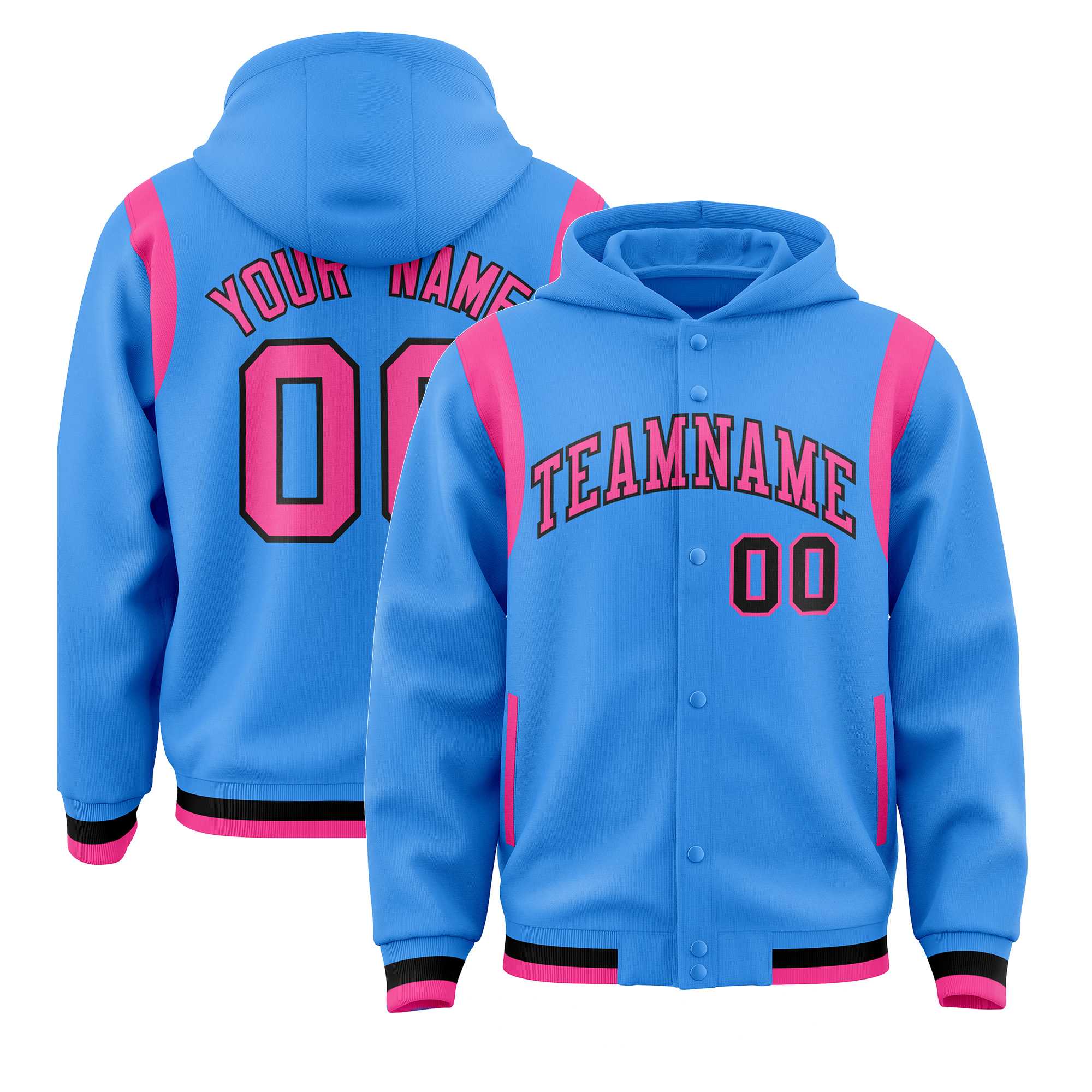 Custom Powder Blue Pink Varsity Full-Snap Letterman Shoulder Color Block Jacket Hoodie| KXKSHOP