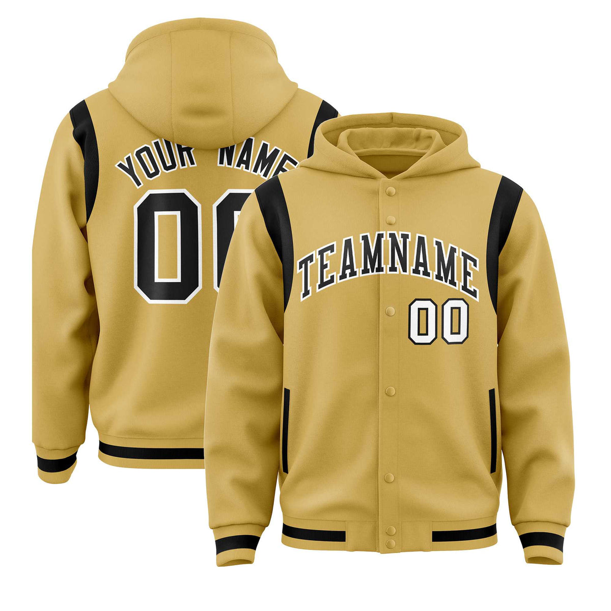 Custom Old Gold Black Varsity Full-Snap Letterman Shoulder Color Block Jacket Hoodie| KXKSHOP