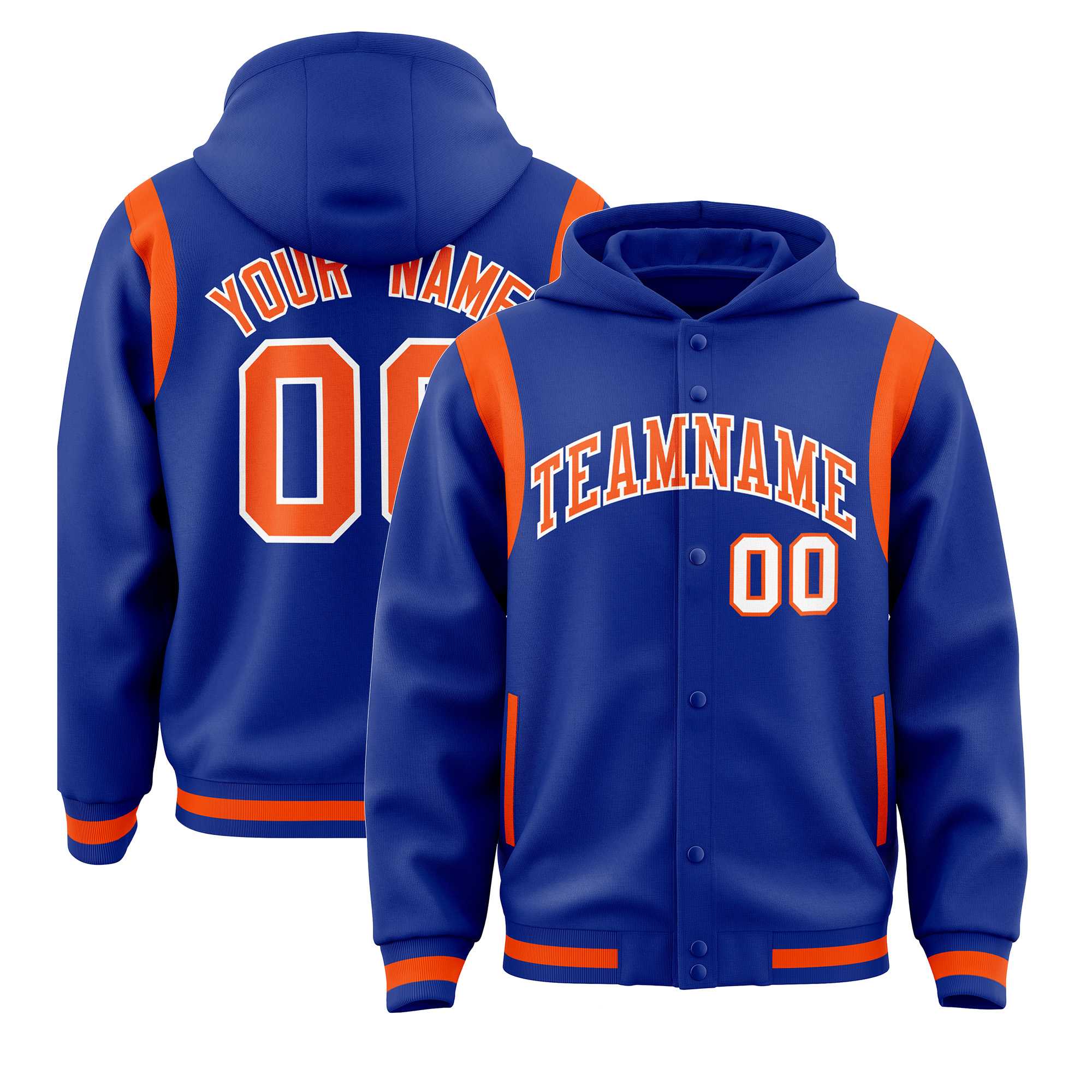 Custom Royal Orange Varsity Full-Snap Letterman Shoulder Color Block Jacket Hoodie| KXKSHOP