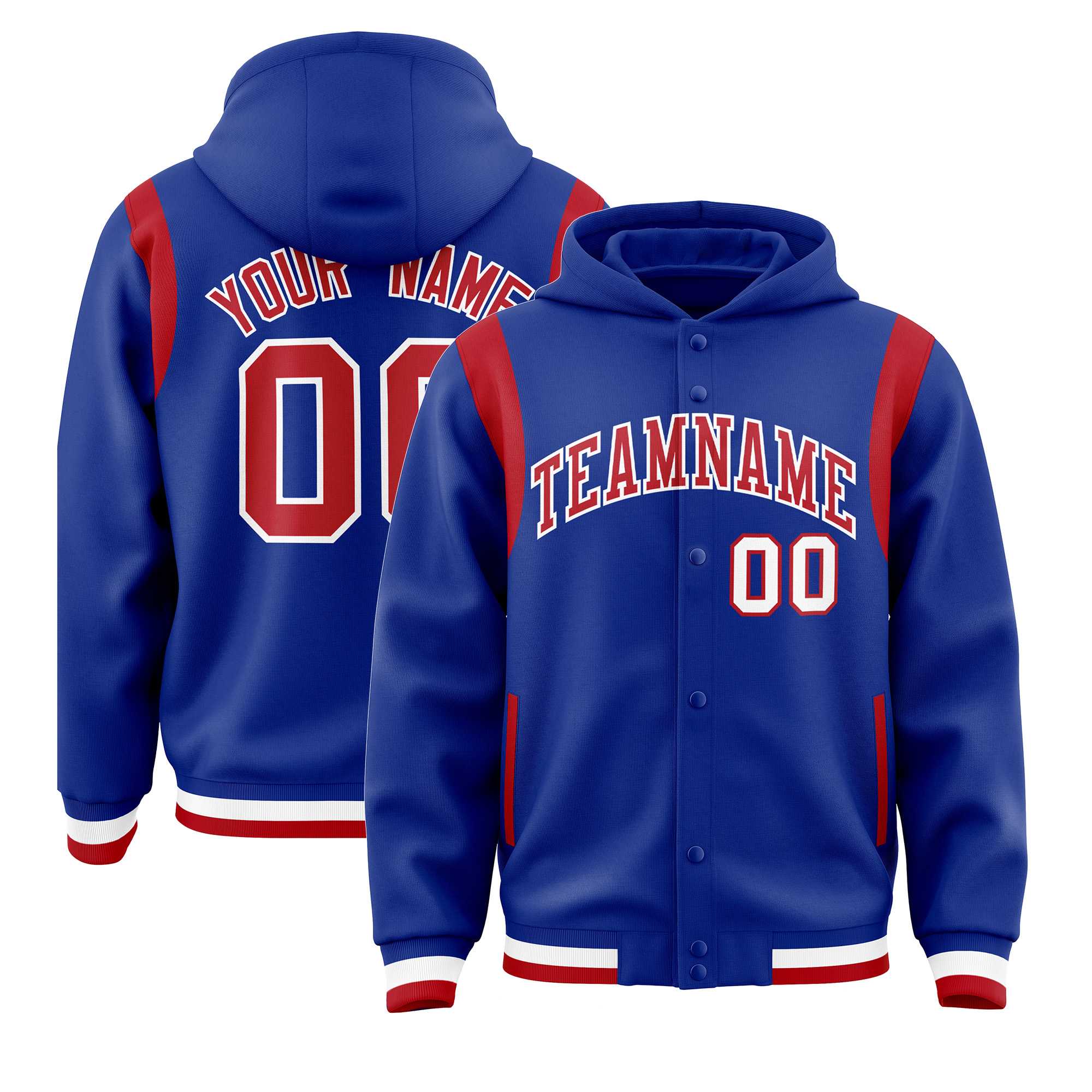 Custom Royal Red Varsity Full-Snap Letterman Shoulder Color Block Jacket Hoodie| KXKSHOP