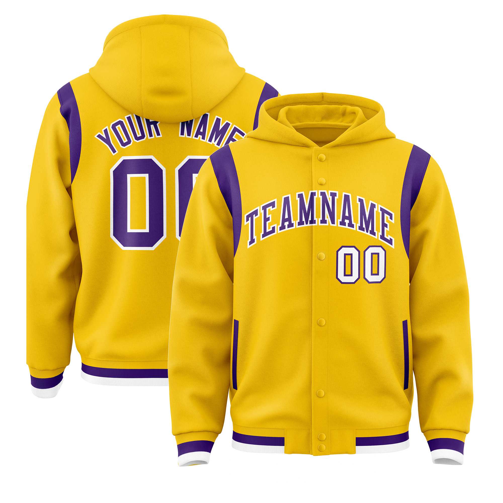 Custom Gold Purple Varsity Full-Snap Letterman Shoulder Color Block Jacket Hoodie| KXKSHOP