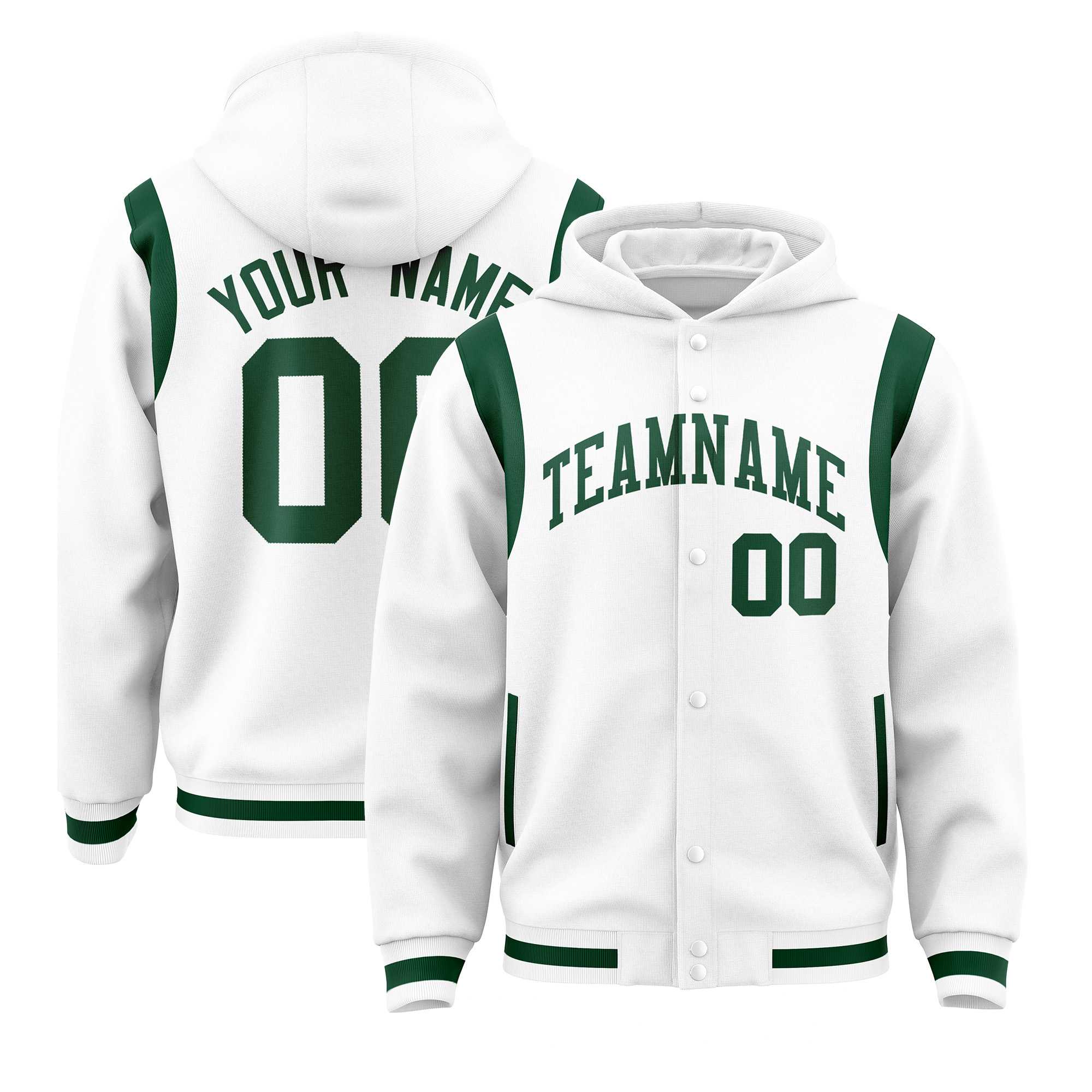 Custom White Green Varsity Full-Snap Letterman Shoulder Color Block Jacket Hoodie| KXKSHOP