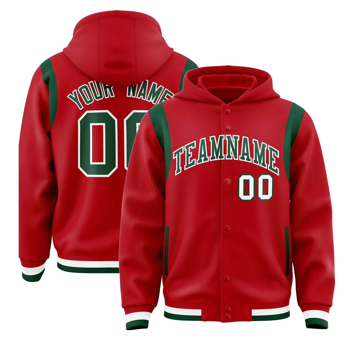 Custom Red Green Varsity Full-Snap Letterman Shoulder Color Block Jacket Hoodie| KXKSHOP