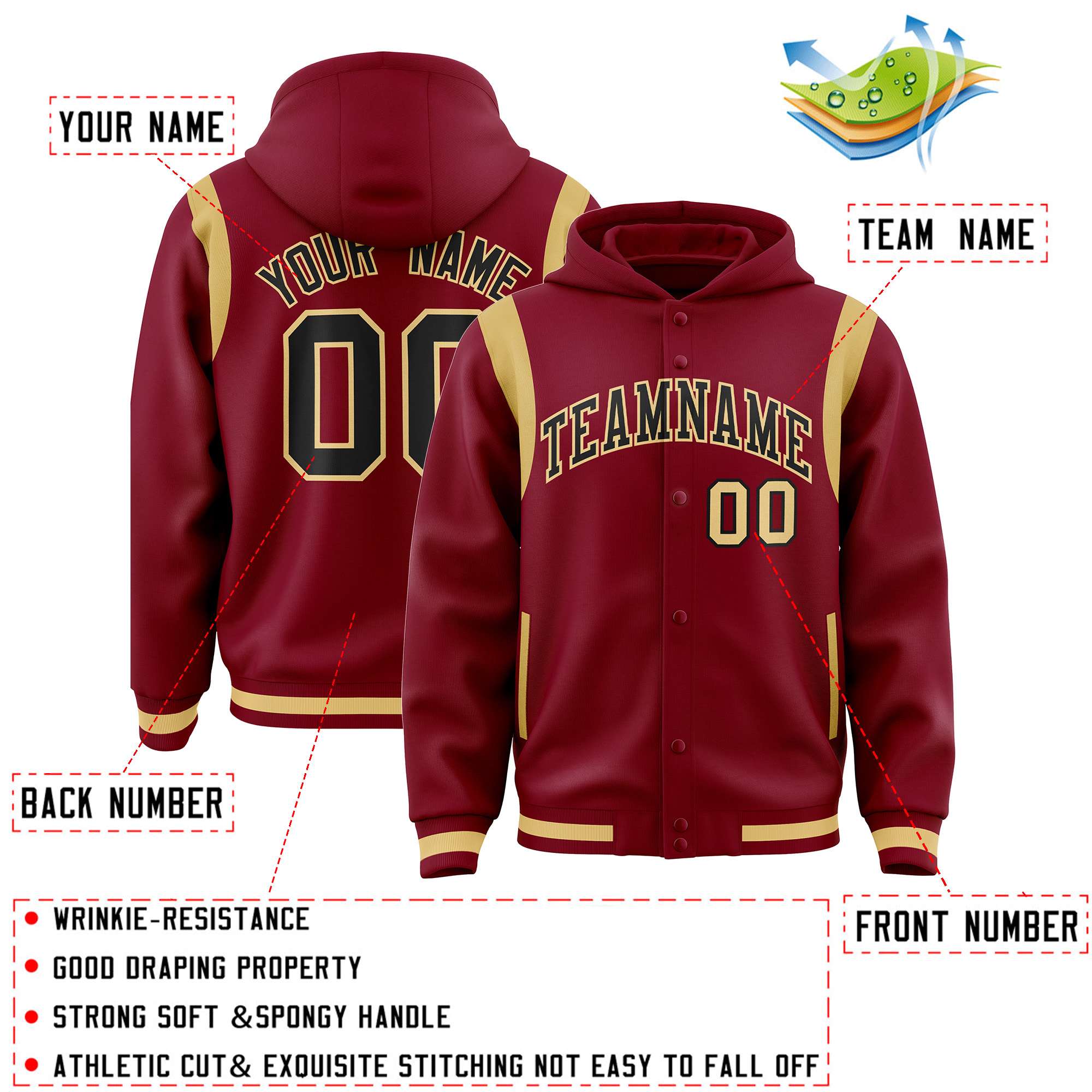 Custom Crimson Black Varsity Full-Snap Letterman Shoulder Color Block Jacket Hoodie| KXKSHOP