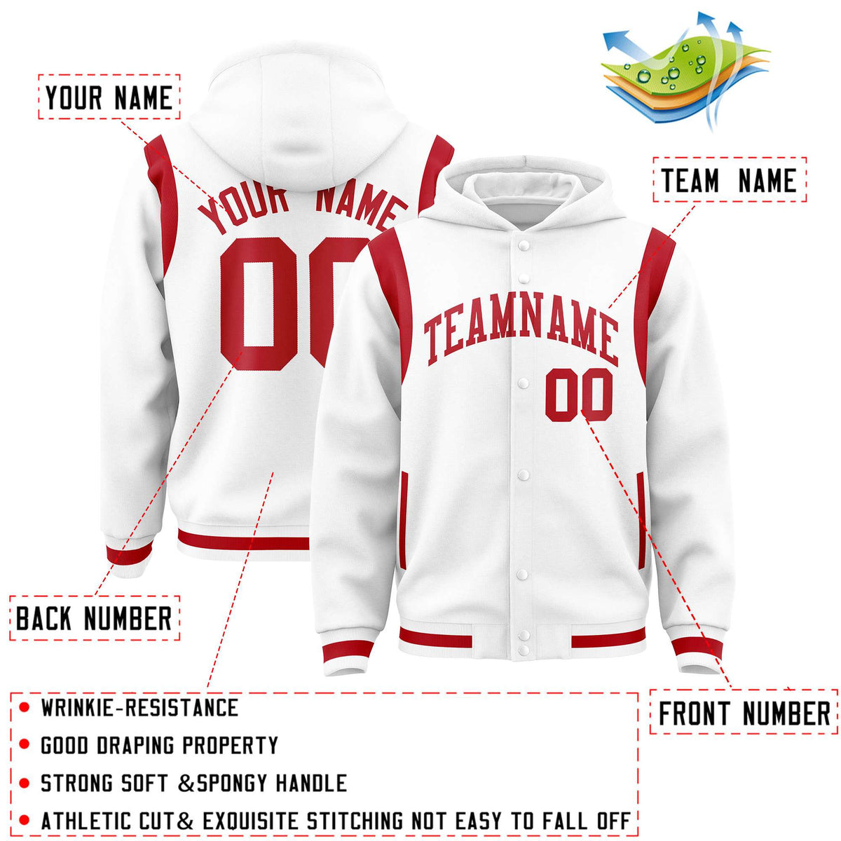 Custom White Red Varsity Full-Snap Letterman Shoulder Color Block Jacket Hoodie| KXKSHOP