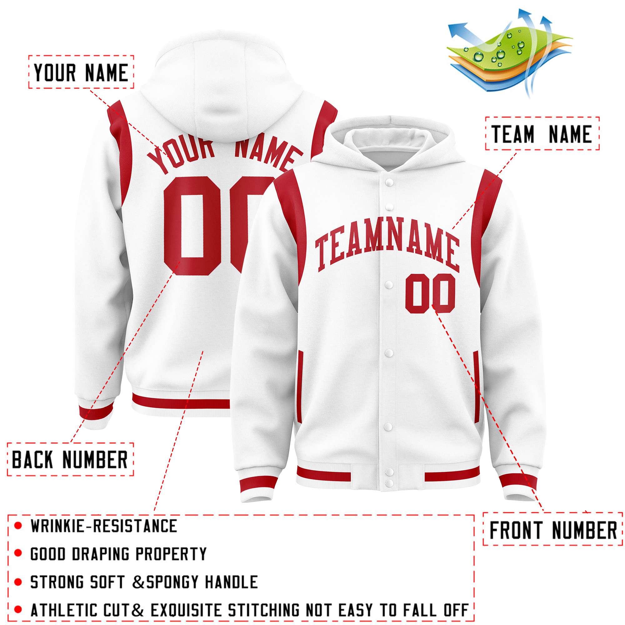 Custom White Red Varsity Full-Snap Letterman Shoulder Color Block Jacket Hoodie| KXKSHOP