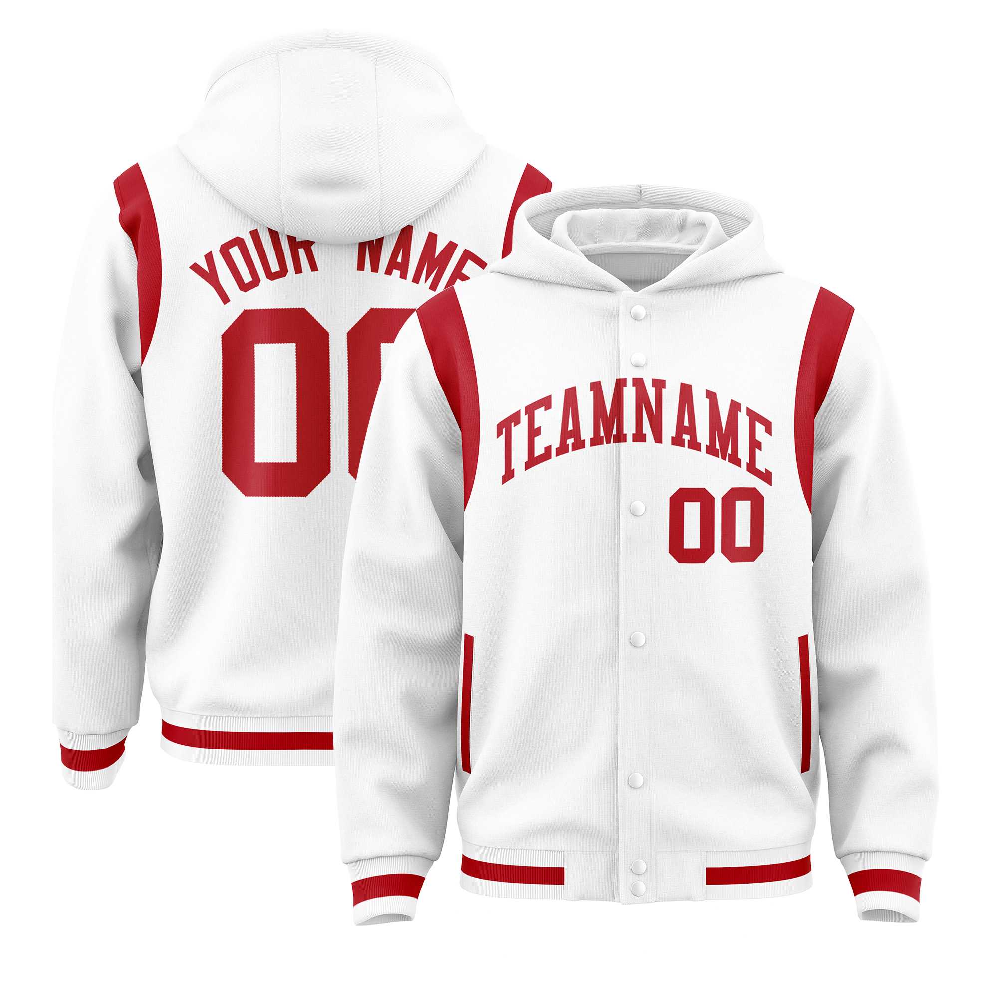 Custom White Red Varsity Full-Snap Letterman Shoulder Color Block Jacket Hoodie| KXKSHOP