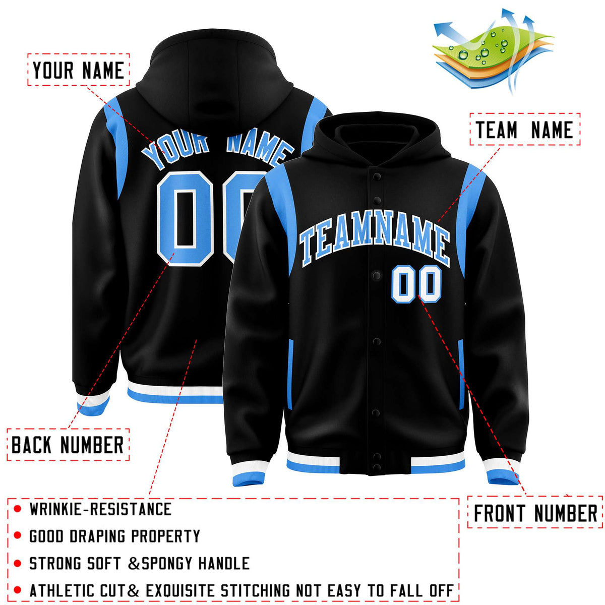 Custom Black Powder Blue Varsity Full-Snap Letterman Shoulder Color Block Jacket Hoodie| KXKSHOP