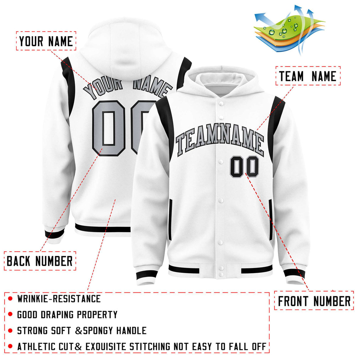 Custom White Silver Varsity Full-Snap Letterman Shoulder Color Block Jacket Hoodie| KXKSHOP