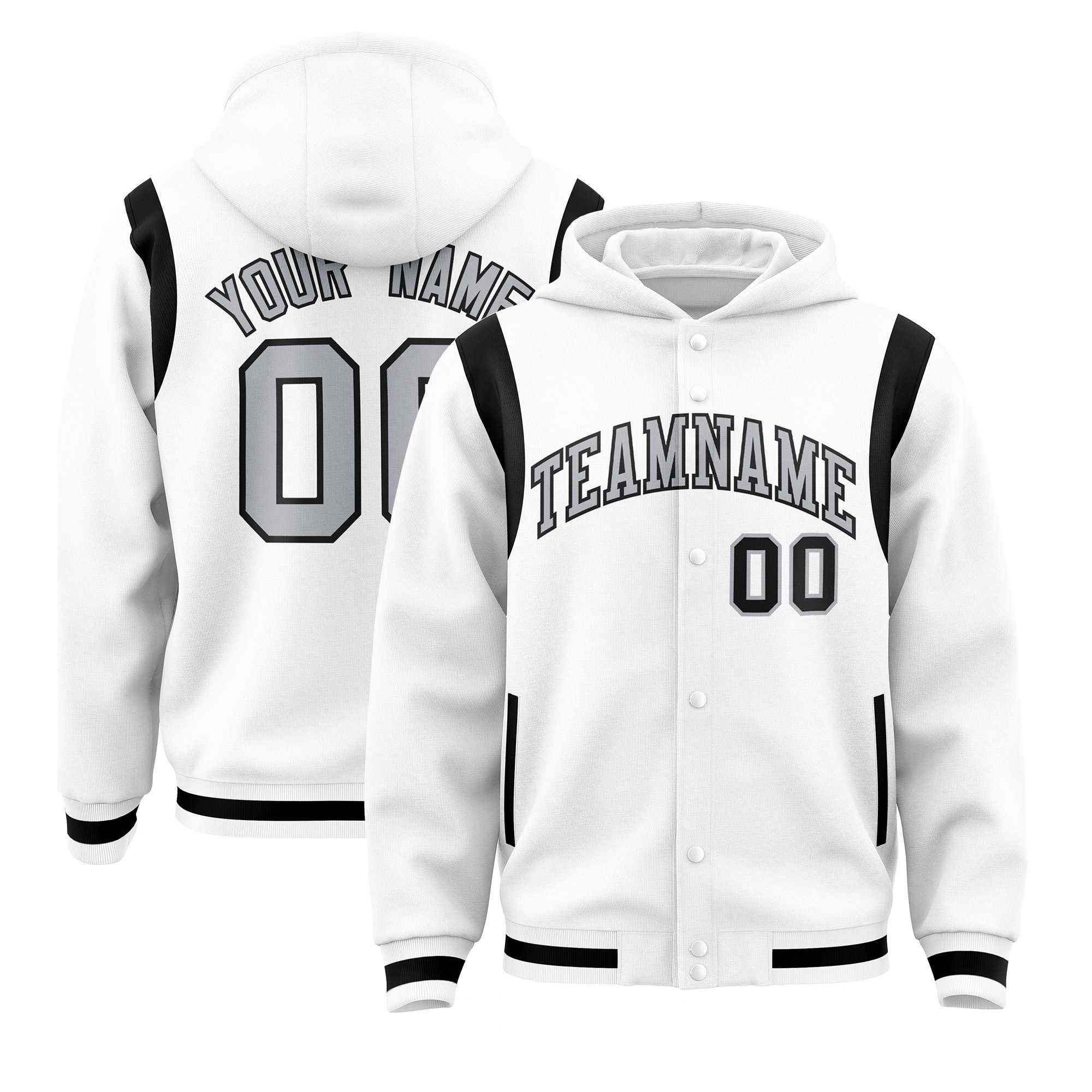 Custom White Silver Varsity Full-Snap Letterman Shoulder Color Block Jacket Hoodie| KXKSHOP