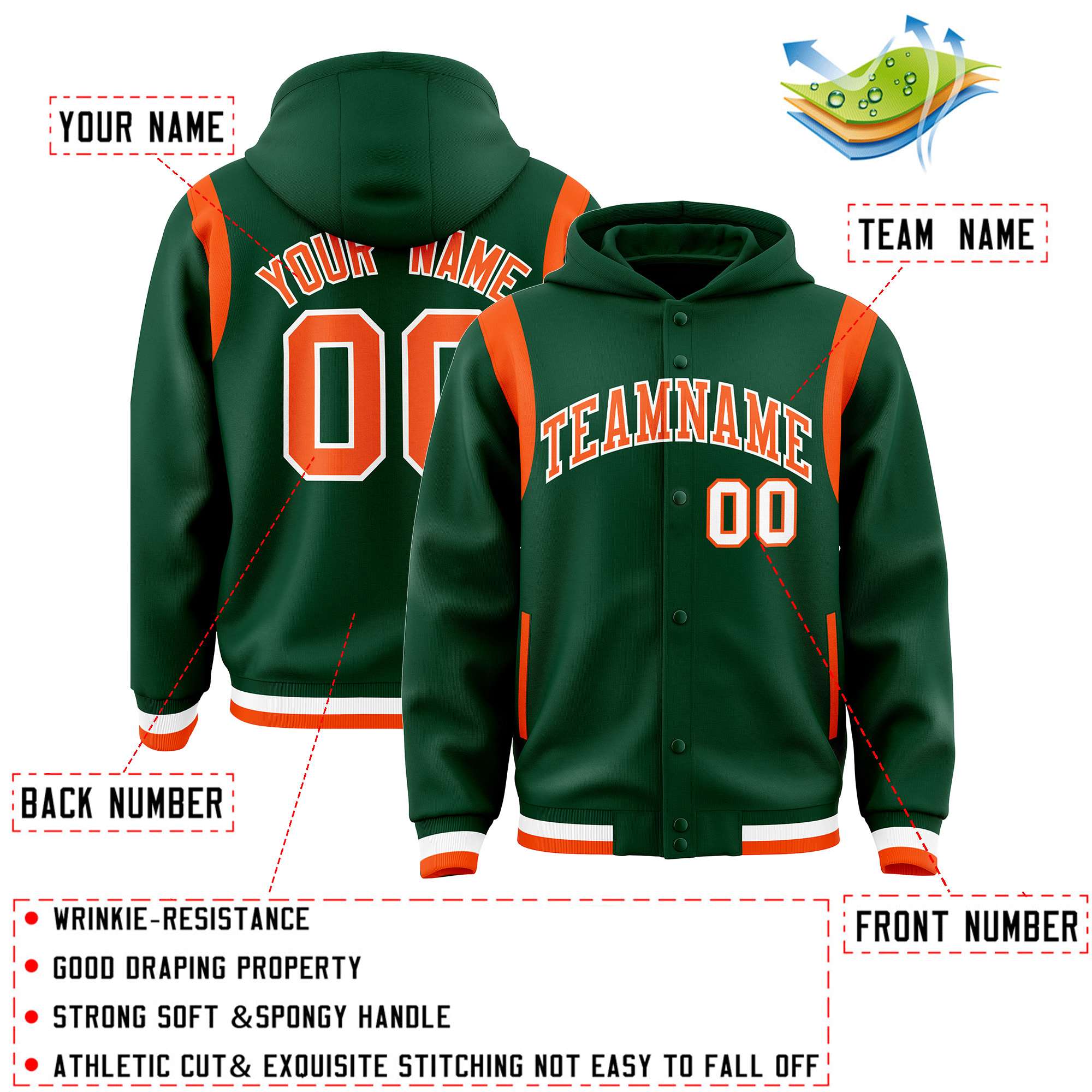 Custom Green Orange Varsity Full-Snap Letterman Shoulder Color Block Jacket Hoodie| KXKSHOP