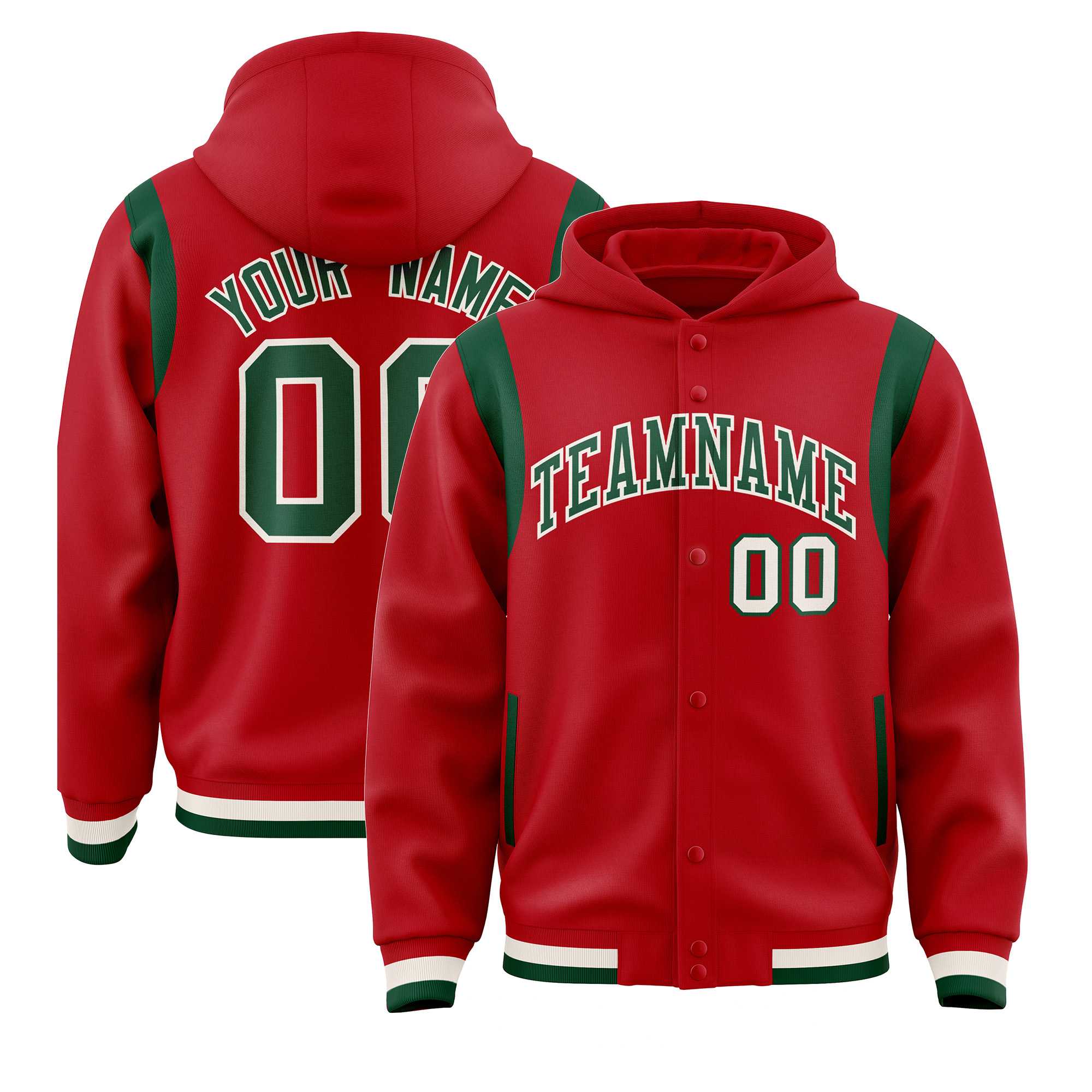 Custom Red Green Varsity Full-Snap Letterman Shoulder Color Block Jacket Hoodie| KXKSHOP
