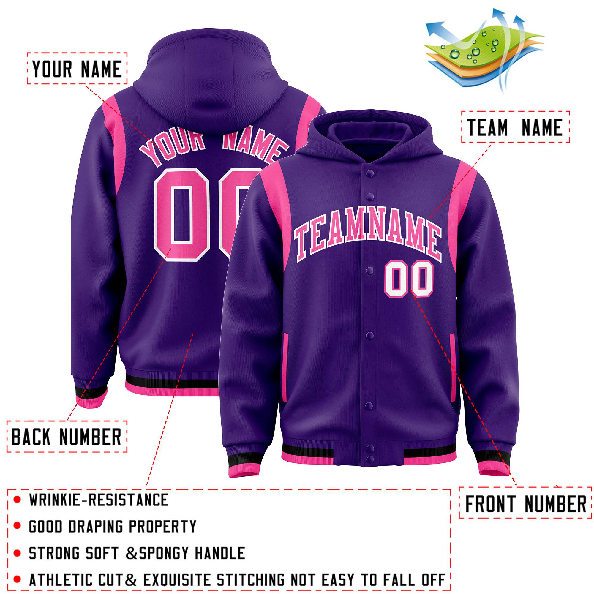 Custom Purple Pink Varsity Full-Snap Letterman Shoulder Color Block Jacket Hoodie| KXKSHOP