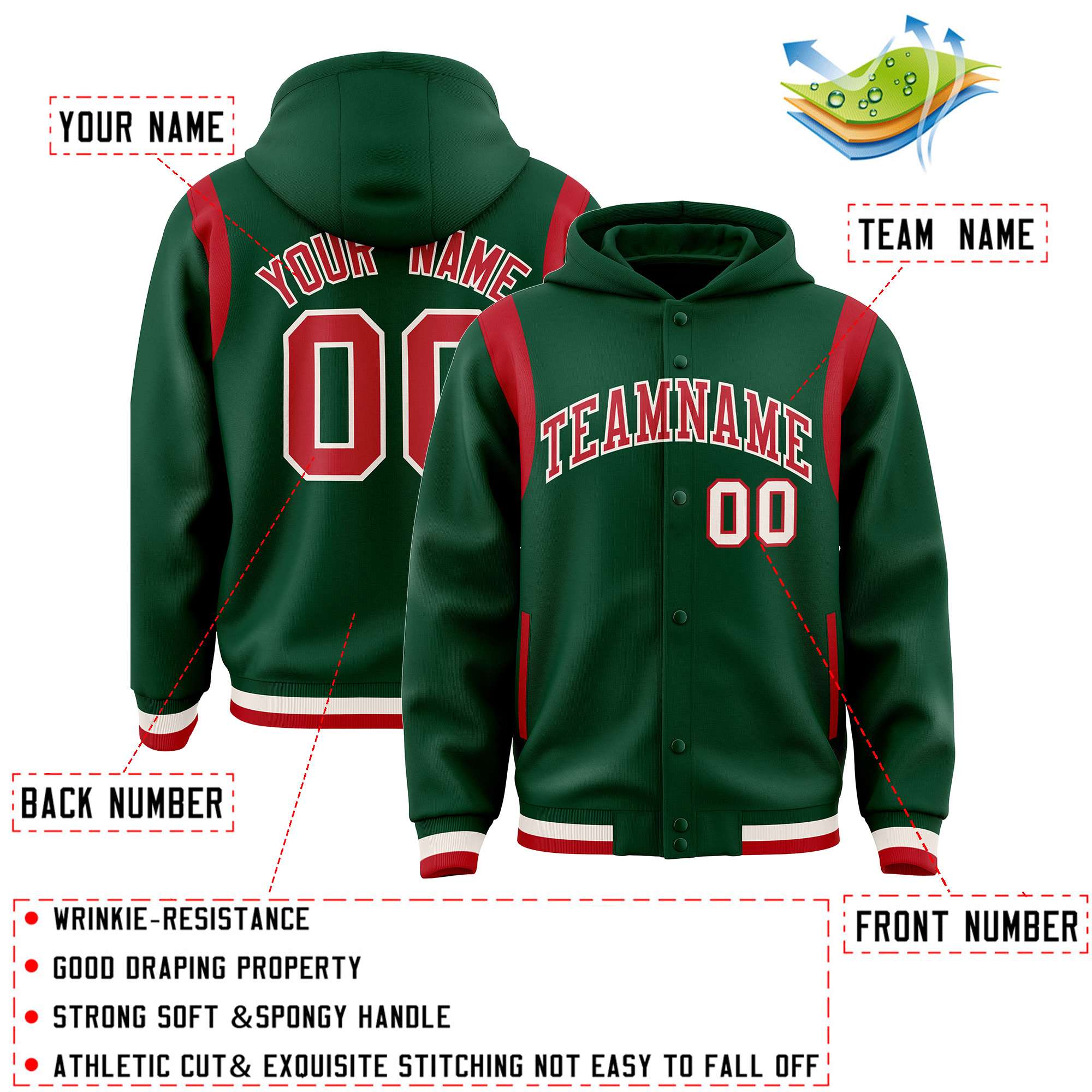 Custom Green Red Varsity Full-Snap Letterman Shoulder Color Block Jacket Hoodie| KXKSHOP