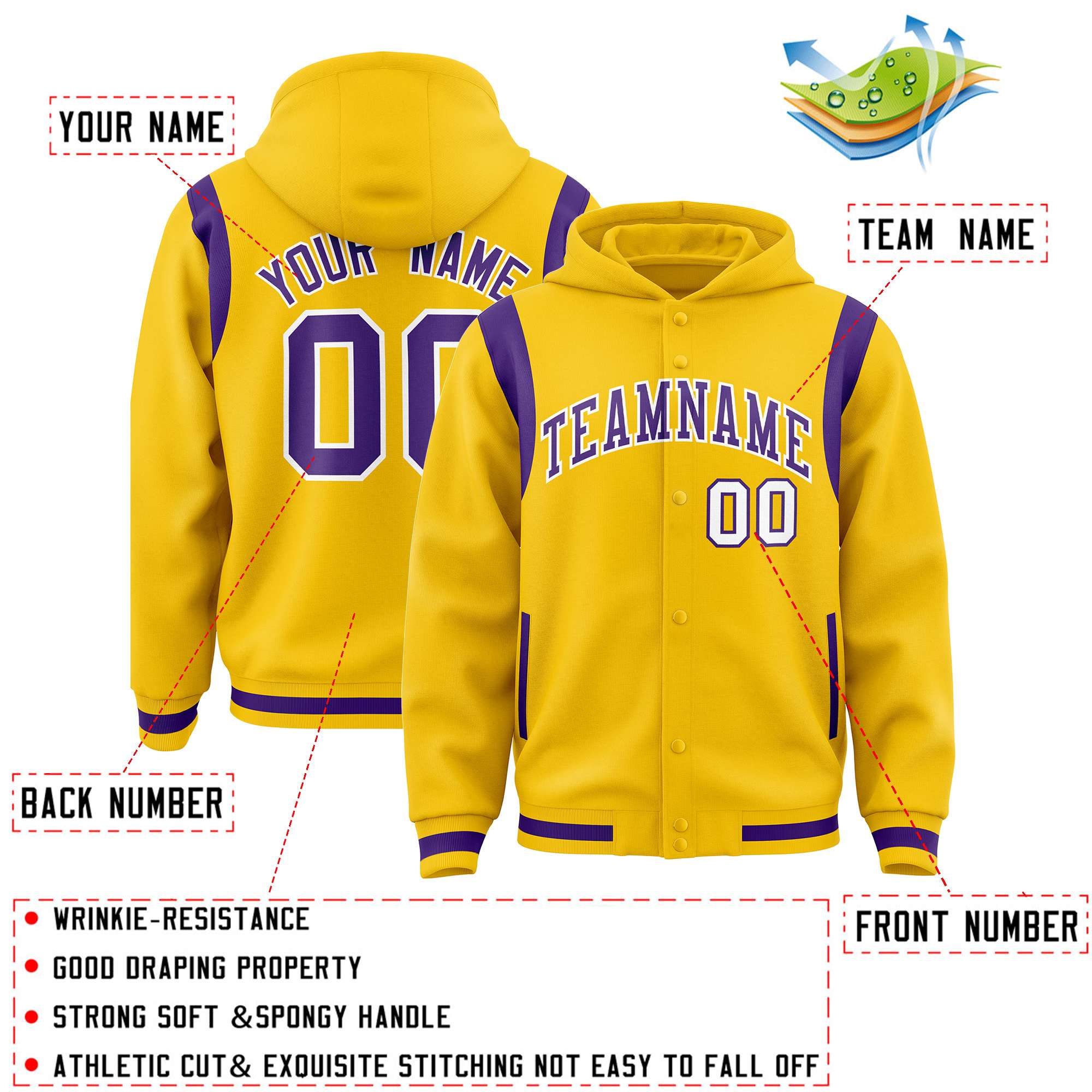 Custom Gold Purple Varsity Full-Snap Letterman Shoulder Color Block Jacket Hoodie| KXKSHOP