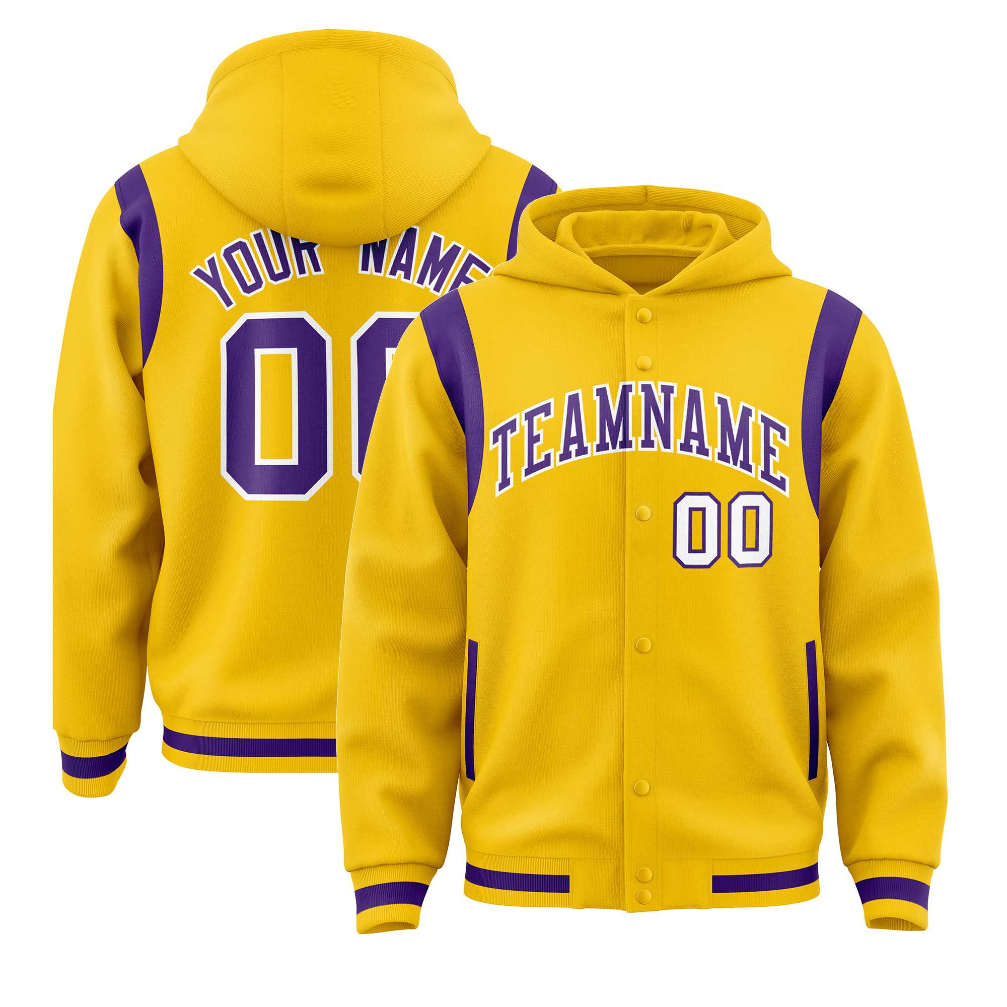 Custom Gold Purple Varsity Full-Snap Letterman Shoulder Color Block Jacket Hoodie| KXKSHOP