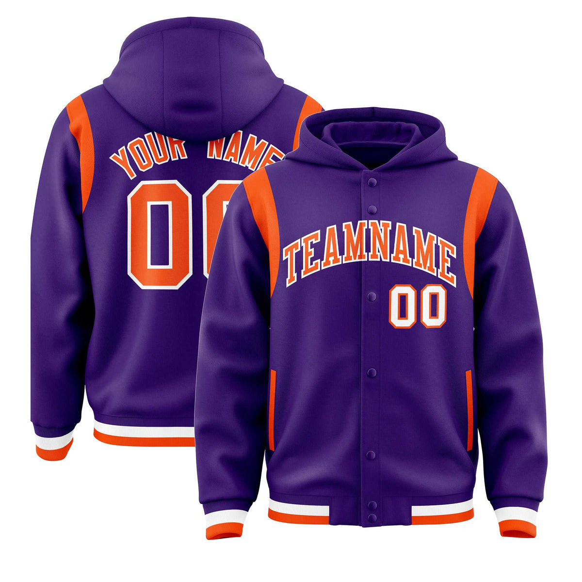Custom Purple Orange Varsity Full-Snap Letterman Shoulder Color Block Jacket Hoodie| KXKSHOP