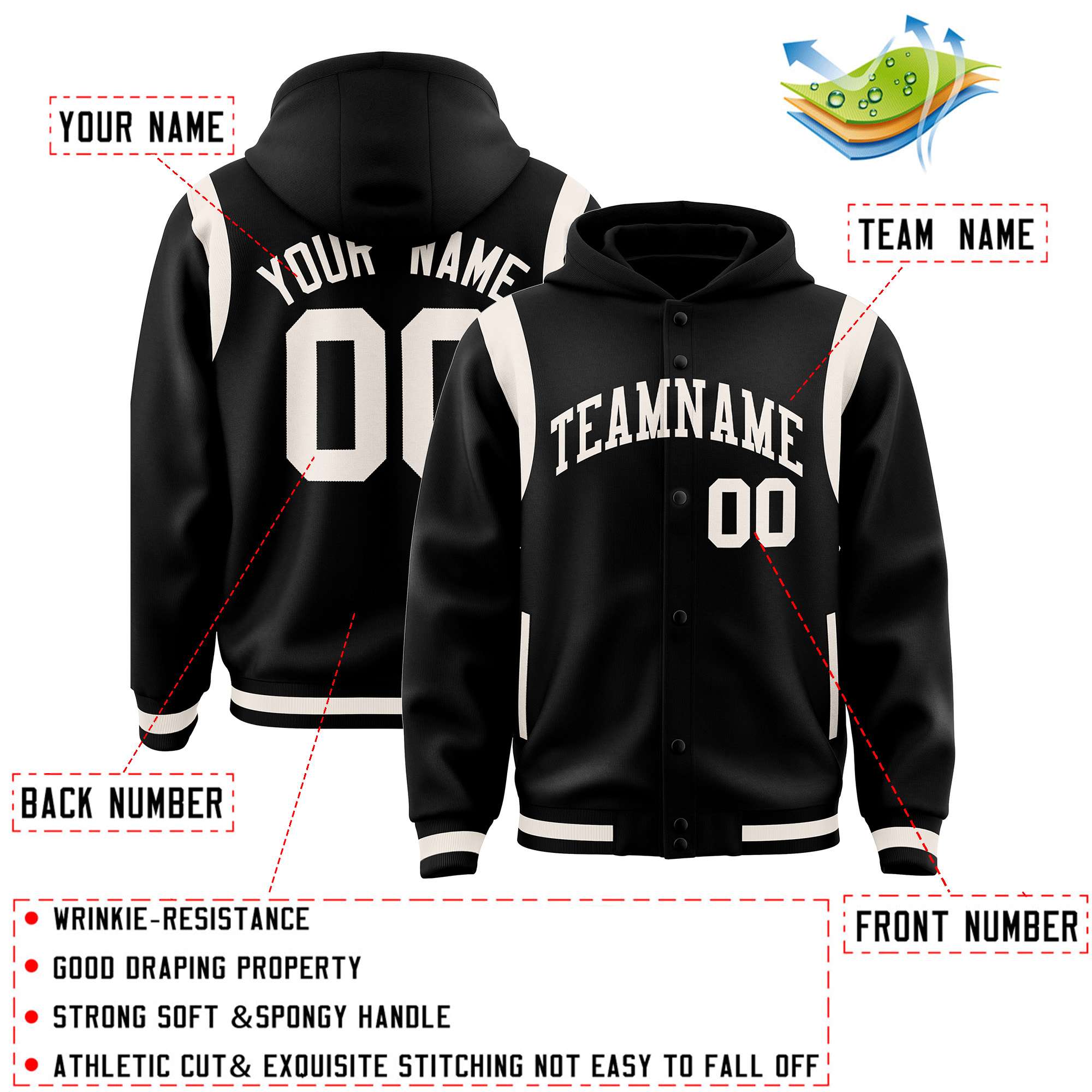 Custom Black Cream Varsity Full-Snap Letterman Shoulder Color Block Jacket Hoodie| KXKSHOP