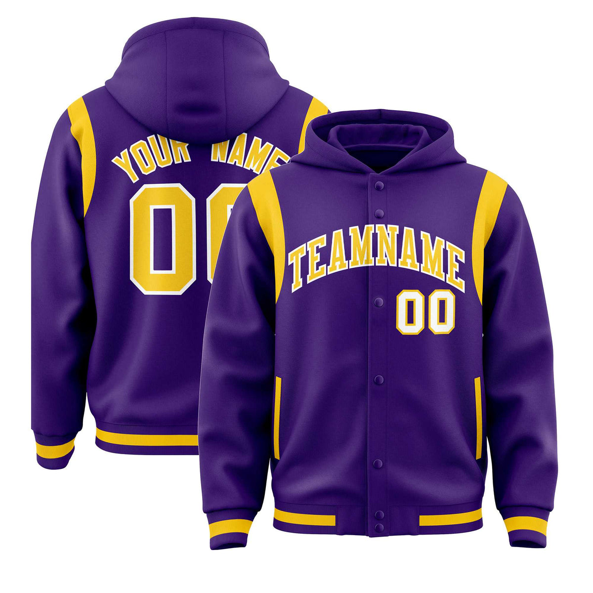 Custom Purple Gold Varsity Full-Snap Letterman Shoulder Color Block Jacket Hoodie| KXKSHOP