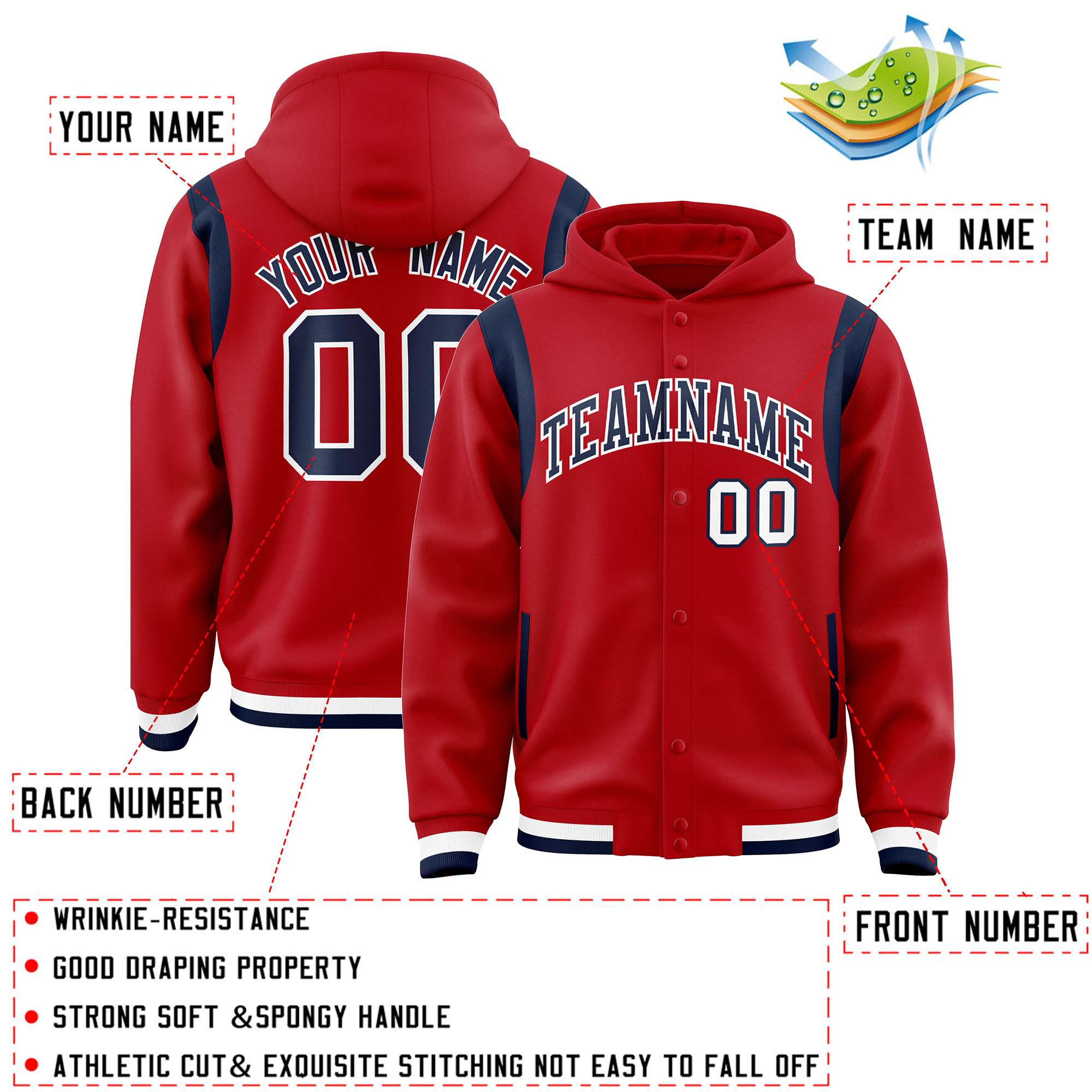 Custom Red Navy Varsity Full-Snap Letterman Shoulder Color Block Jacket Hoodie| KXKSHOP
