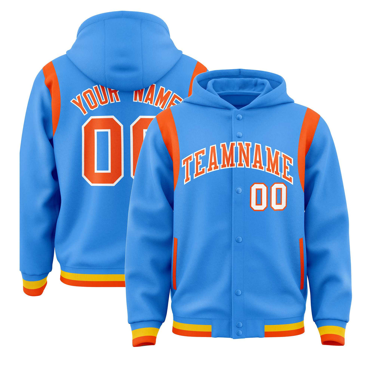 Custom Powder Blue Orange Varsity Full-Snap Letterman Shoulder Color Block Jacket Hoodie| KXKSHOP