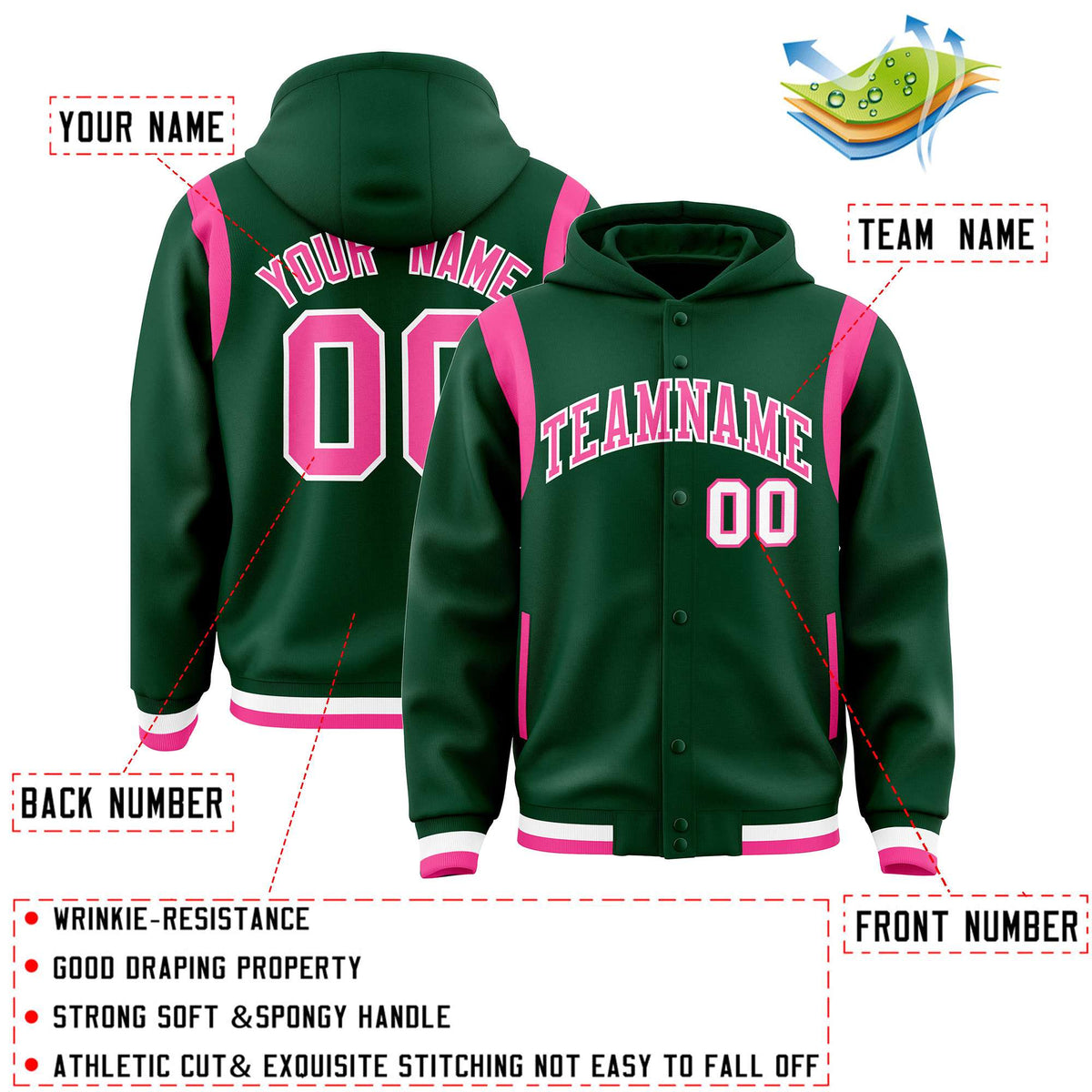 Custom Green Pink Varsity Full-Snap Letterman Shoulder Color Block Jacket Hoodie| KXKSHOP