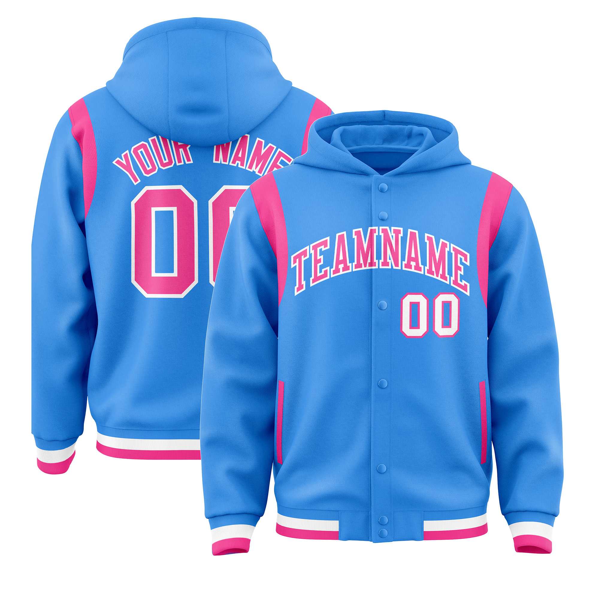 Custom Powder Blue Pink Varsity Full-Snap Letterman Shoulder Color Block Jacket Hoodie| KXKSHOP