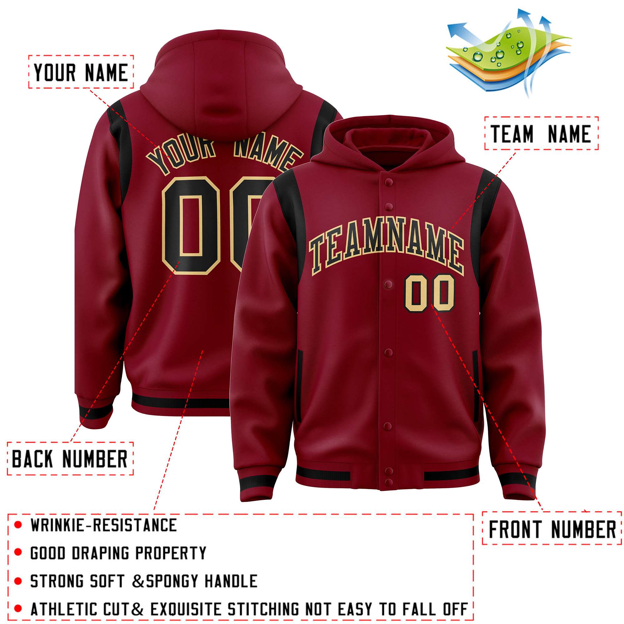 Custom Crimson Black Varsity Full-Snap Letterman Shoulder Color Block Jacket Hoodie| KXKSHOP