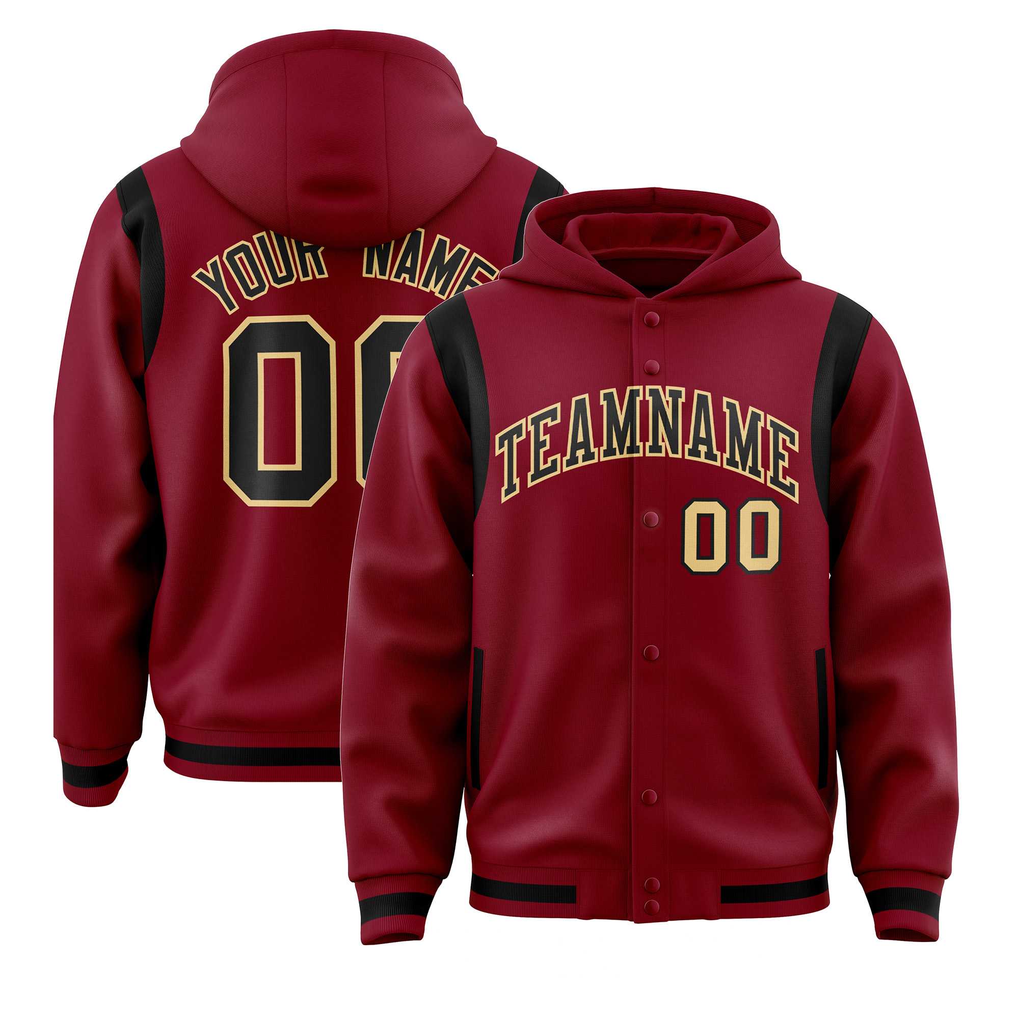 Custom Crimson Black Varsity Full-Snap Letterman Shoulder Color Block Jacket Hoodie| KXKSHOP