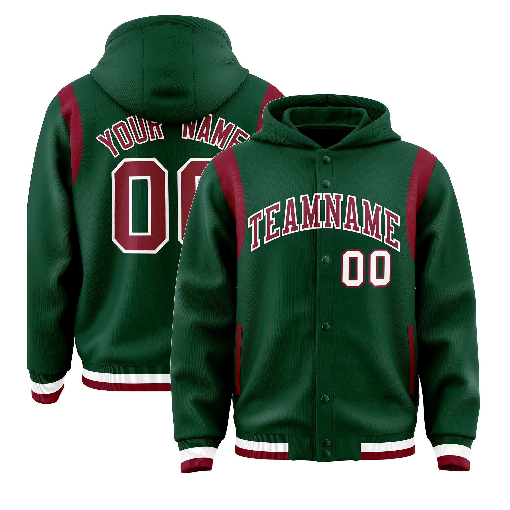 Custom Green Crimson Varsity Full-Snap Letterman Shoulder Color Block Jacket Hoodie| KXKSHOP