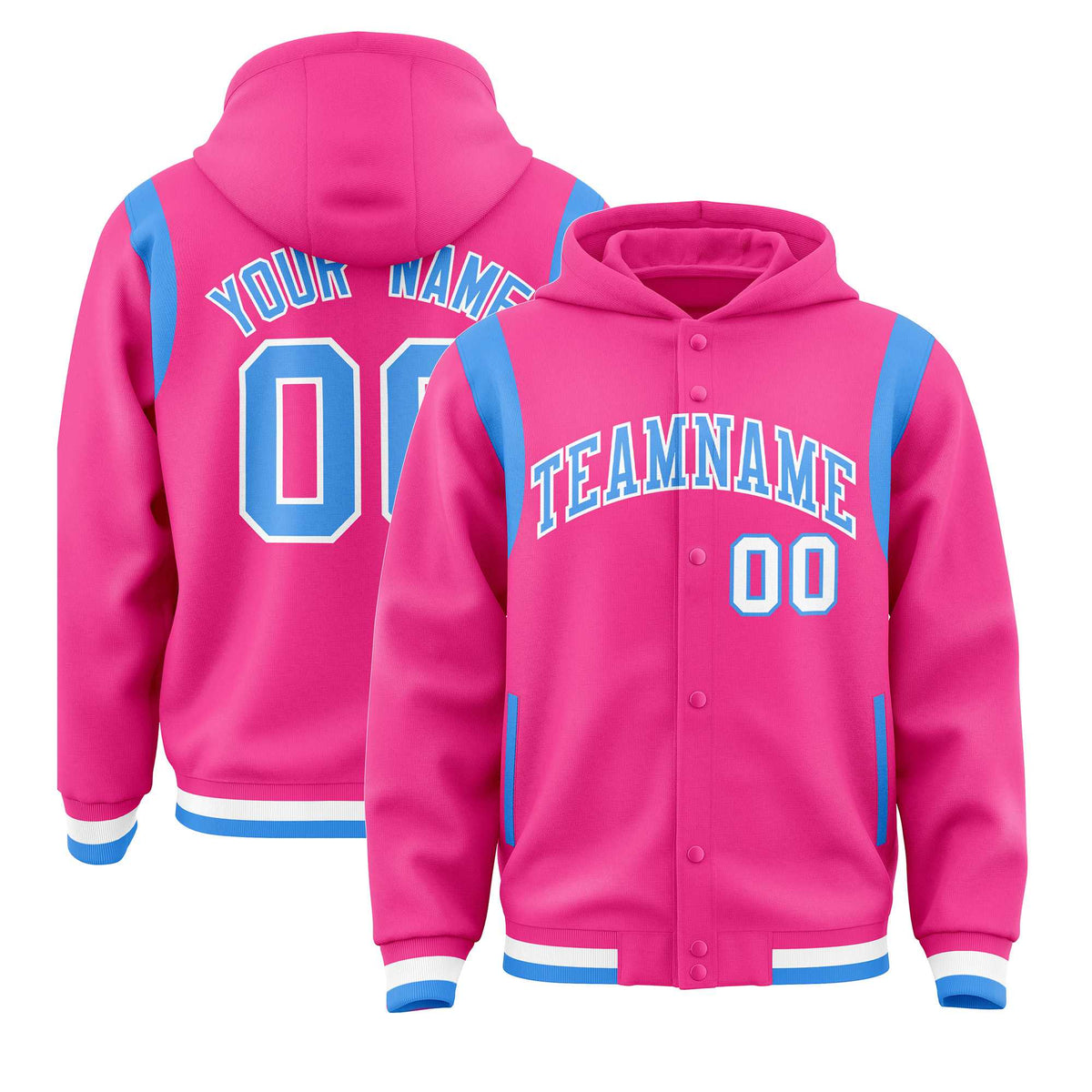 Custom Pink Powder Blue Varsity Full-Snap Letterman Shoulder Color Block Jacket Hoodie| KXKSHOP
