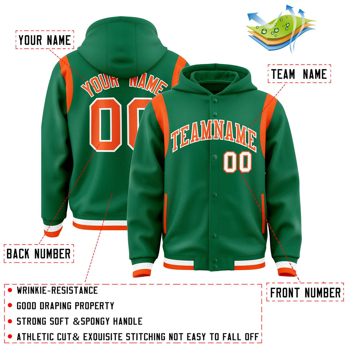Custom Kelly Green Orange Varsity Full-Snap Letterman Shoulder Color Block Jacket Hoodie| KXKSHOP