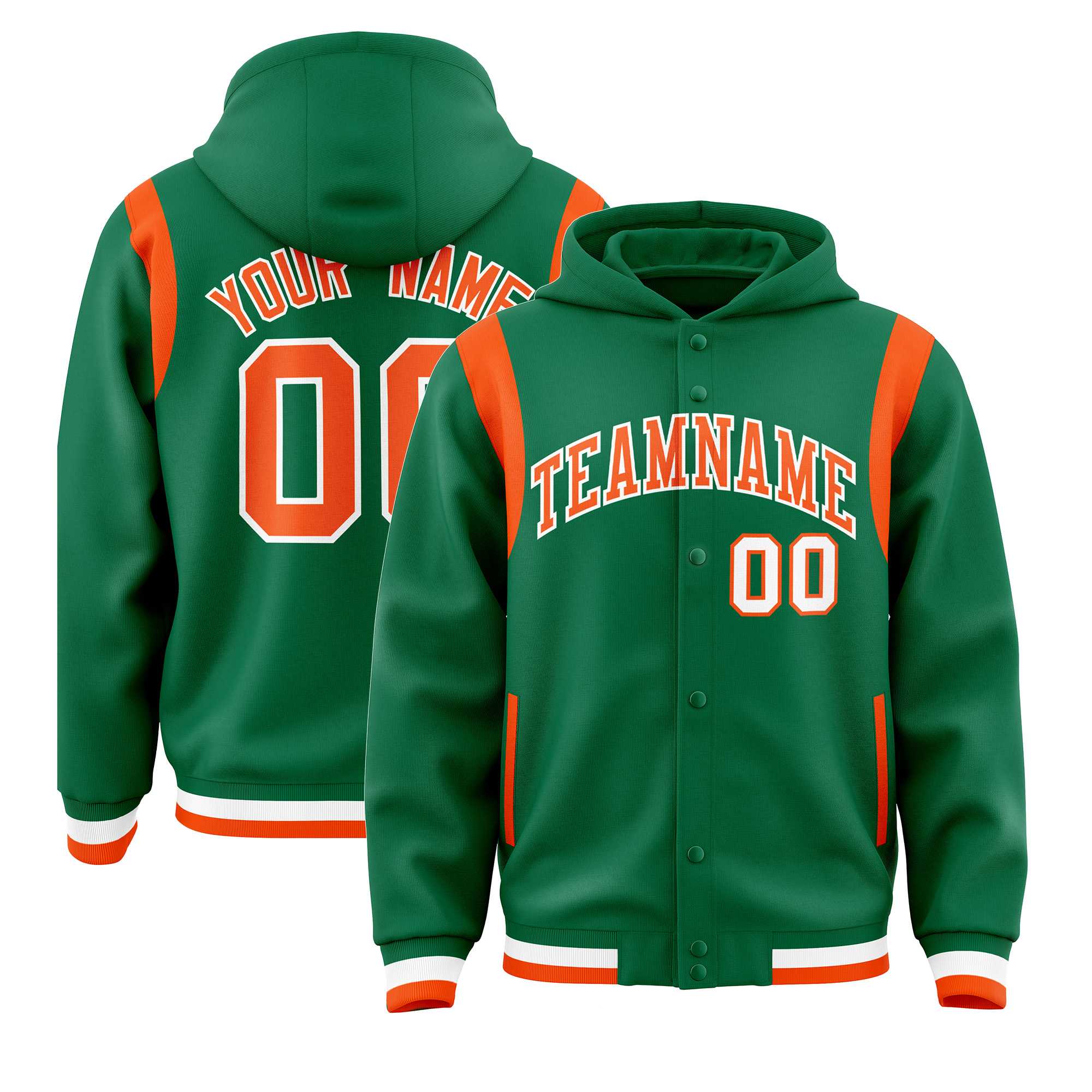 Custom Kelly Green Orange Varsity Full-Snap Letterman Shoulder Color Block Jacket Hoodie| KXKSHOP