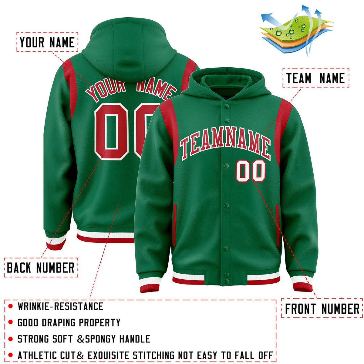 Custom Kelly Green Red Varsity Full-Snap Letterman Shoulder Color Block Jacket Hoodie| KXKSHOP