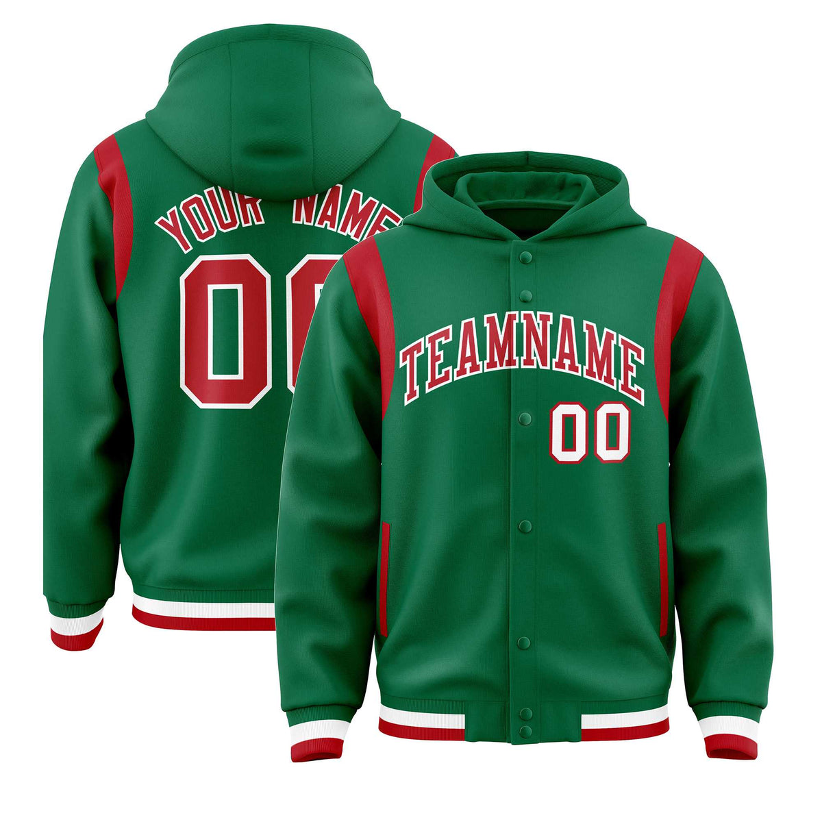 Custom Kelly Green Red Varsity Full-Snap Letterman Shoulder Color Block Jacket Hoodie| KXKSHOP