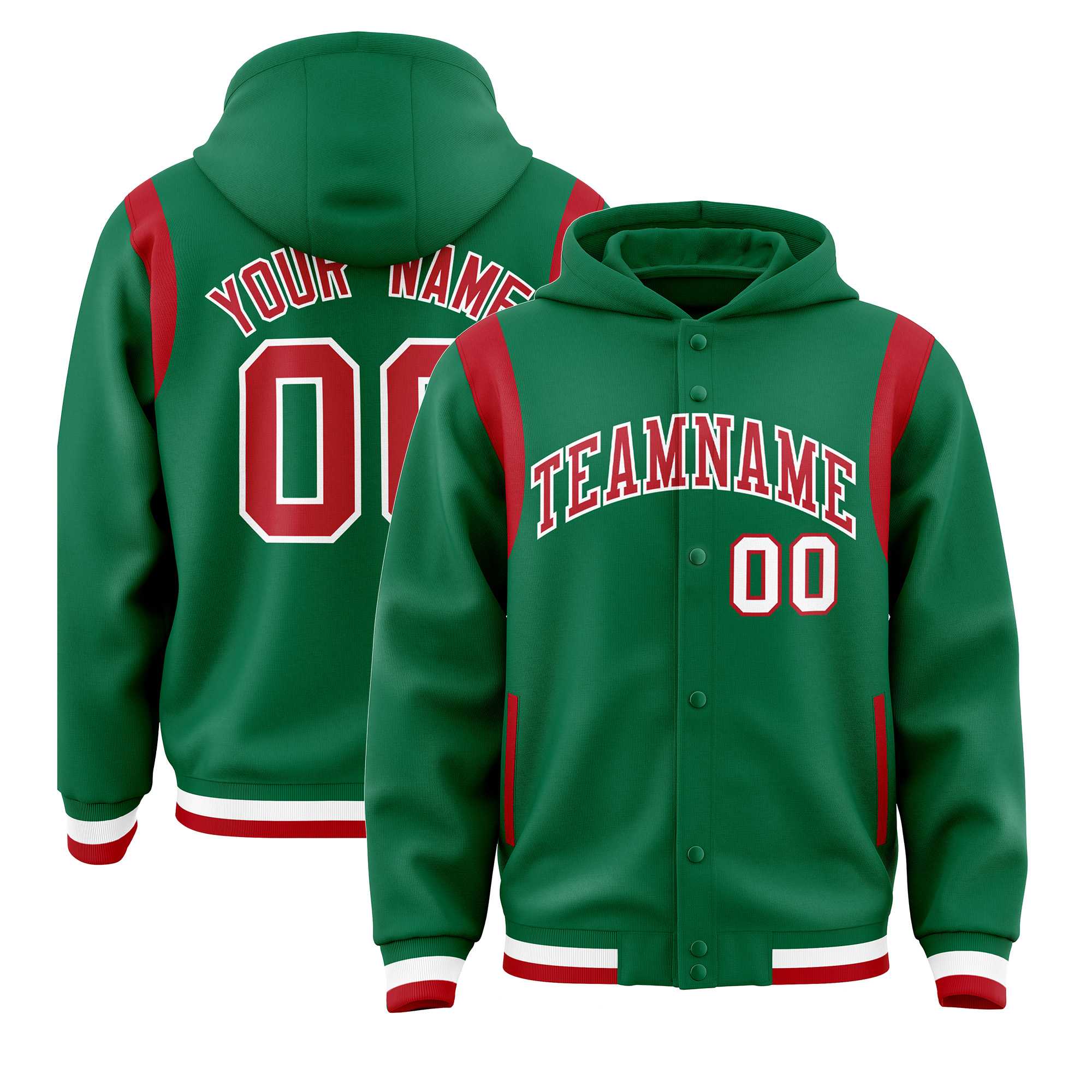 Custom Kelly Green Red Varsity Full-Snap Letterman Shoulder Color Block Jacket Hoodie| KXKSHOP