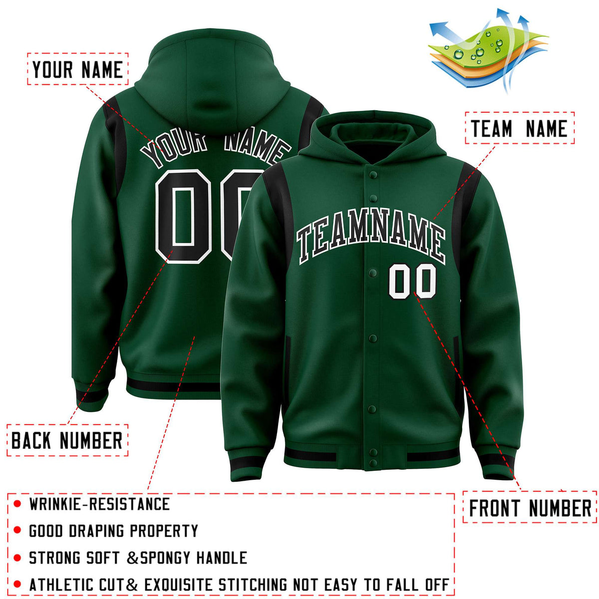 Custom Green Black Varsity Full-Snap Letterman Shoulder Color Block Jacket Hoodie| KXKSHOP