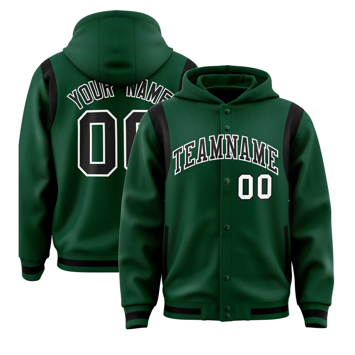 Custom Green Black Varsity Full-Snap Letterman Shoulder Color Block Jacket Hoodie| KXKSHOP