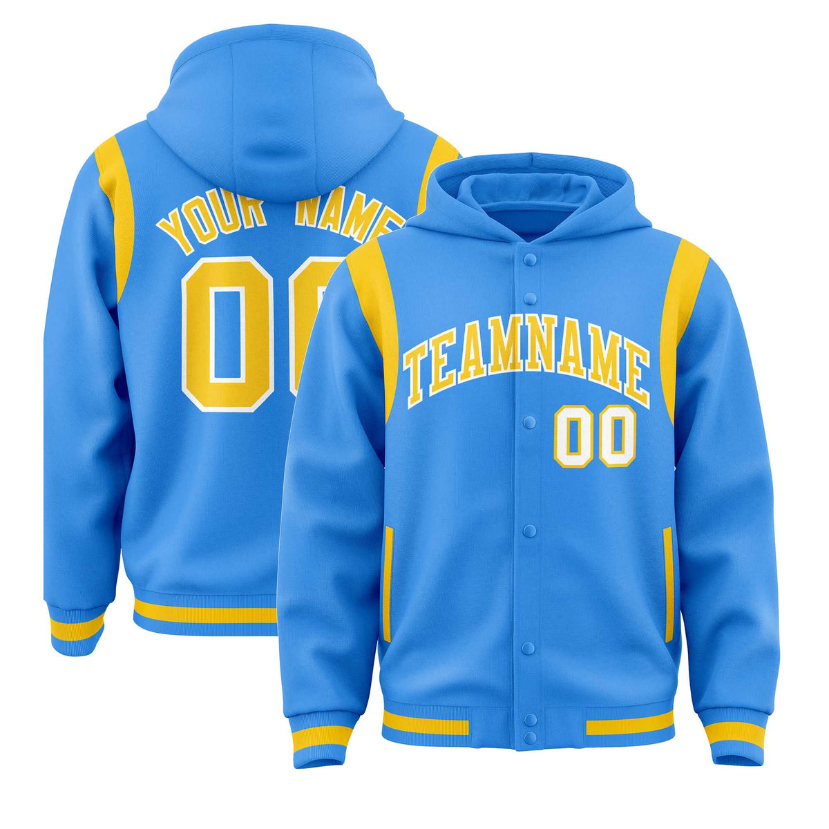 Custom Powder Blue Gold Varsity Full-Snap Letterman Shoulder Color Block Jacket Hoodie| KXKSHOP